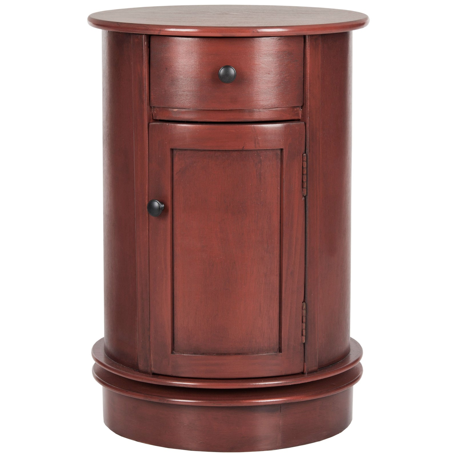 Rich red round accent table pairs a curved drawer with a paneled door and pedestal base || AMH5712E || front_studio