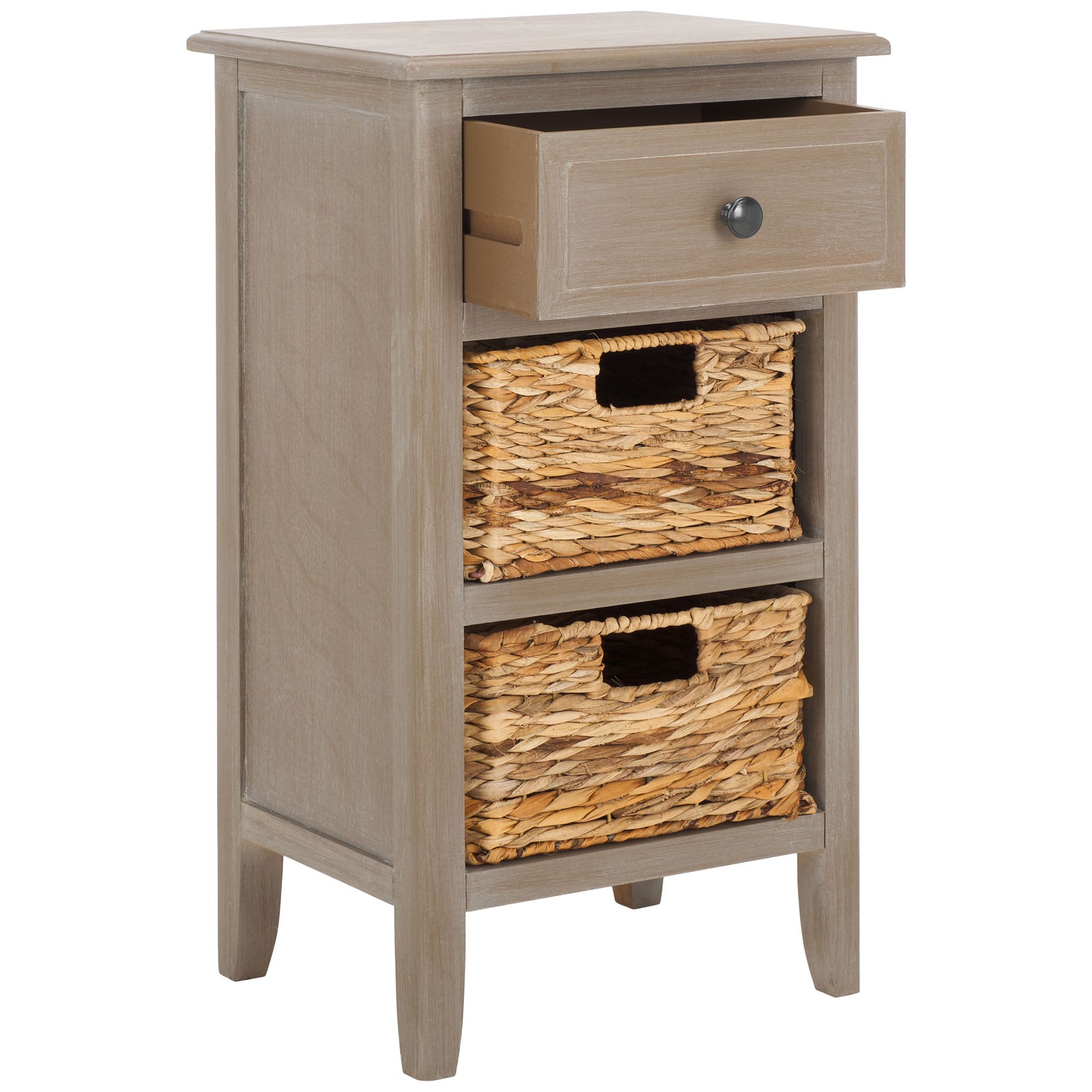An open top drawer and two woven baskets offer easy-access storage in a slim wood frame. || AMH5743E || front_angle_open_studio