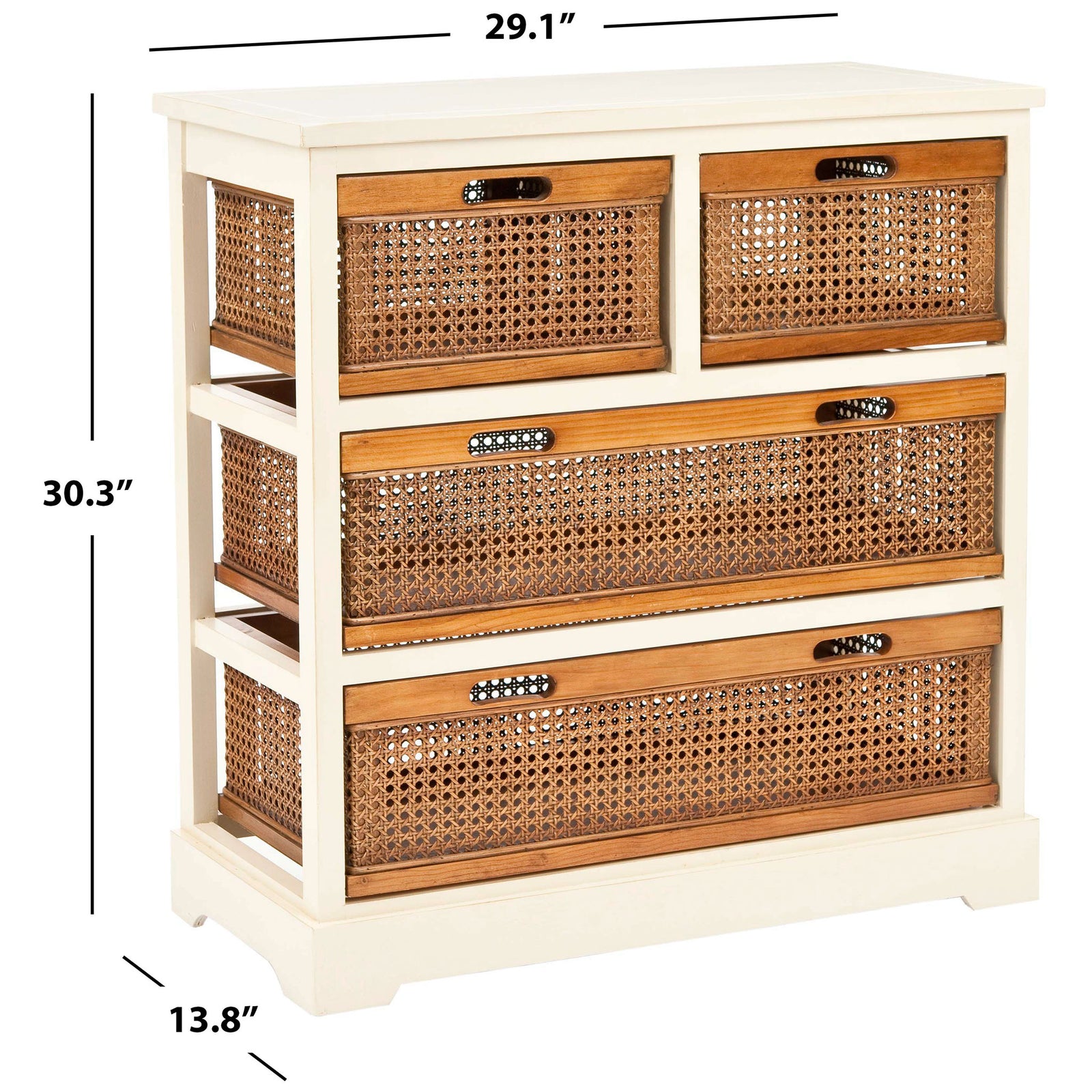 A cream four-drawer cabinet measures 29.1 inches wide, 13.8 inches deep, and 30.3 inches tall. || AMH6504A || dimension_studio