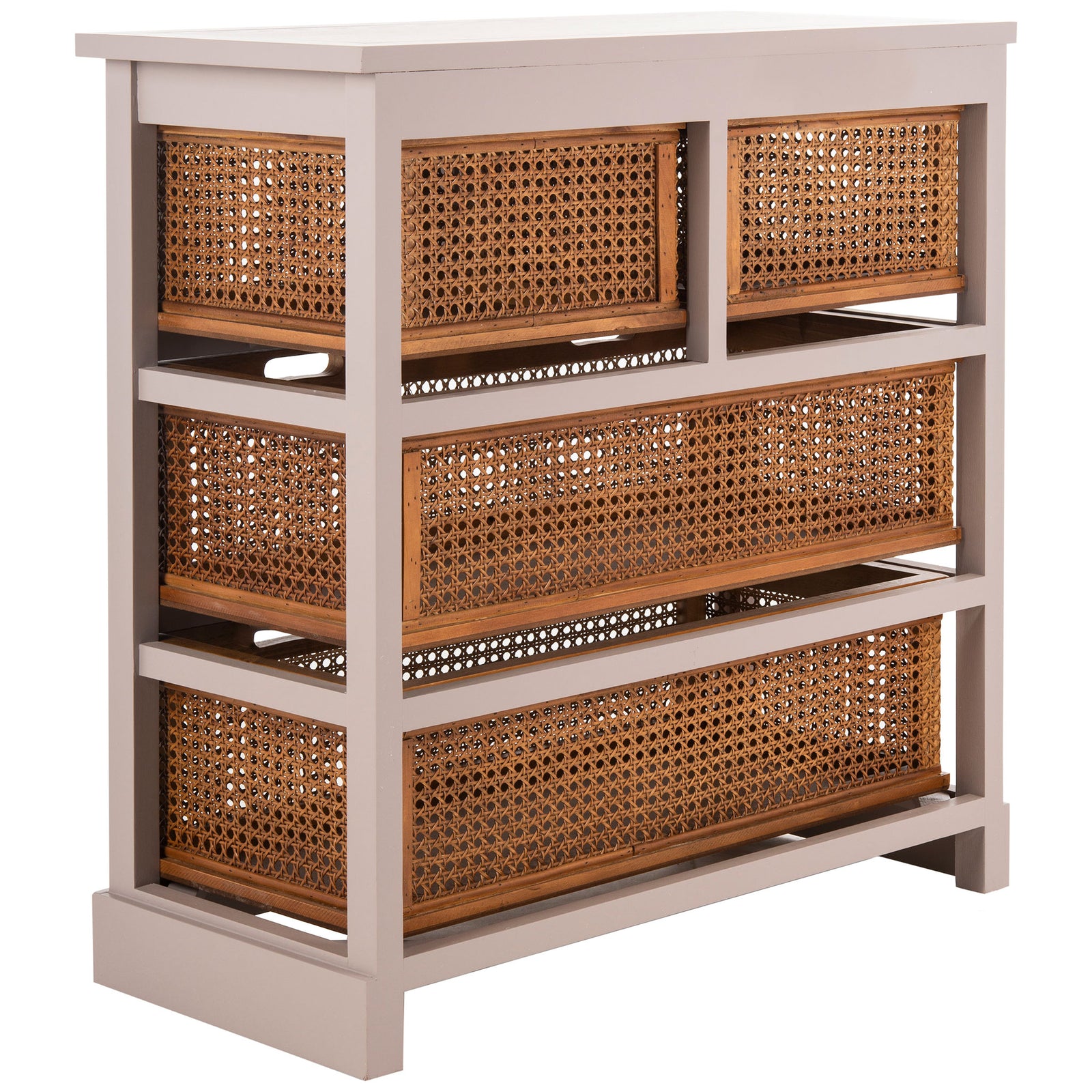 An open gray wood frame exposes honey-brown cane baskets along the sides and rear. || AMH6504C || back_angle_studio