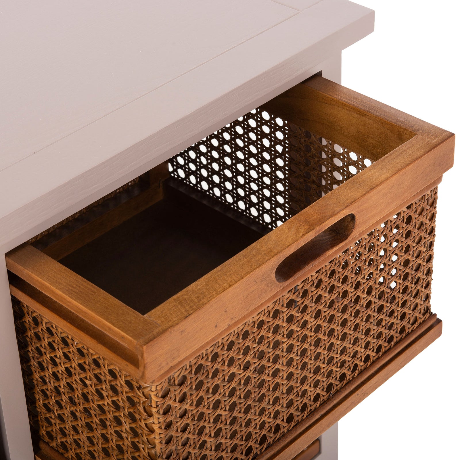 A pull-out cane basket reveals an open interior and an easy-grip cutout beneath the gray cabinet top. || AMH6504C || storage_open_studio