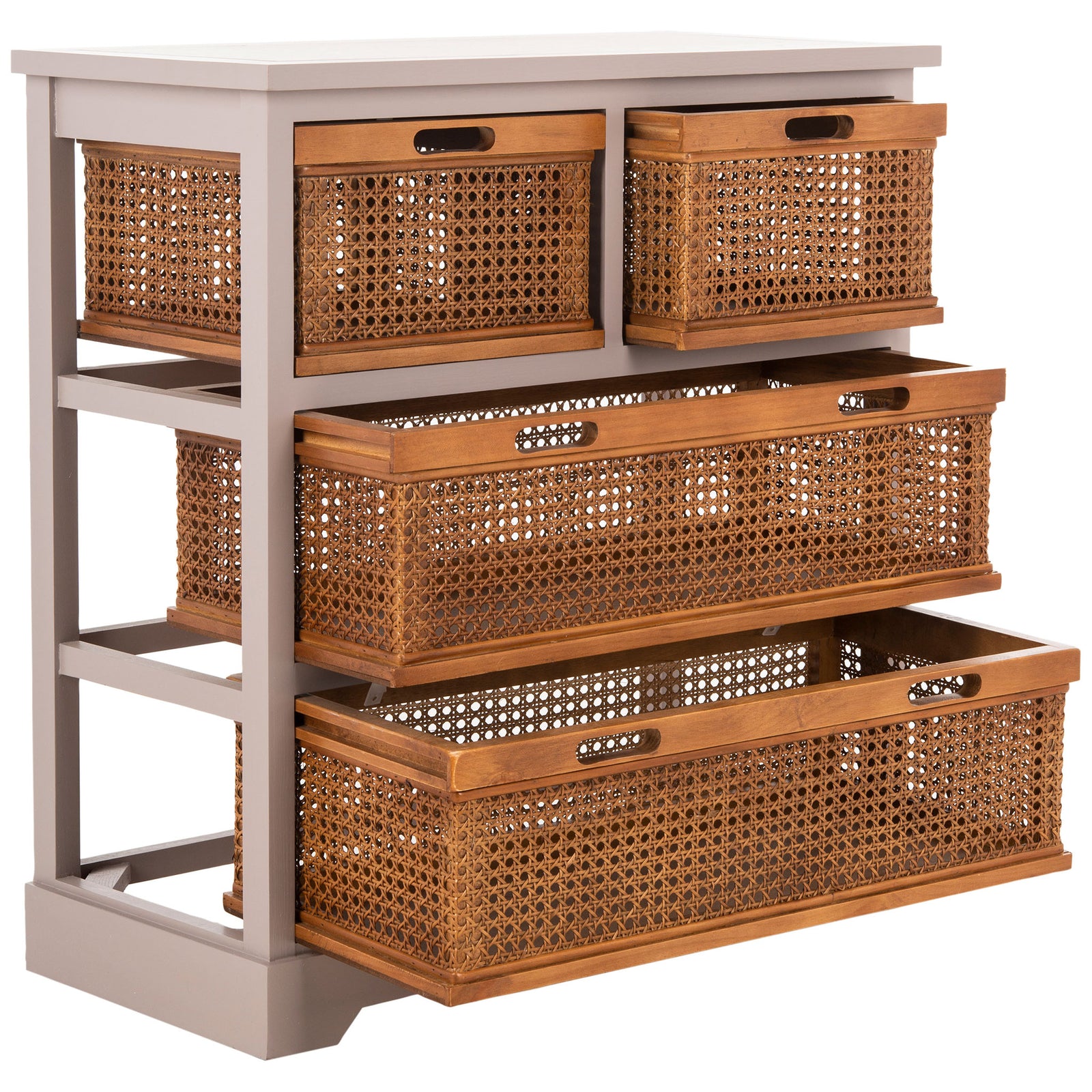 Three extended cane drawers expose accessible storage and cutout handles within a gray wood frame. || AMH6504C || front_angle_open_studio