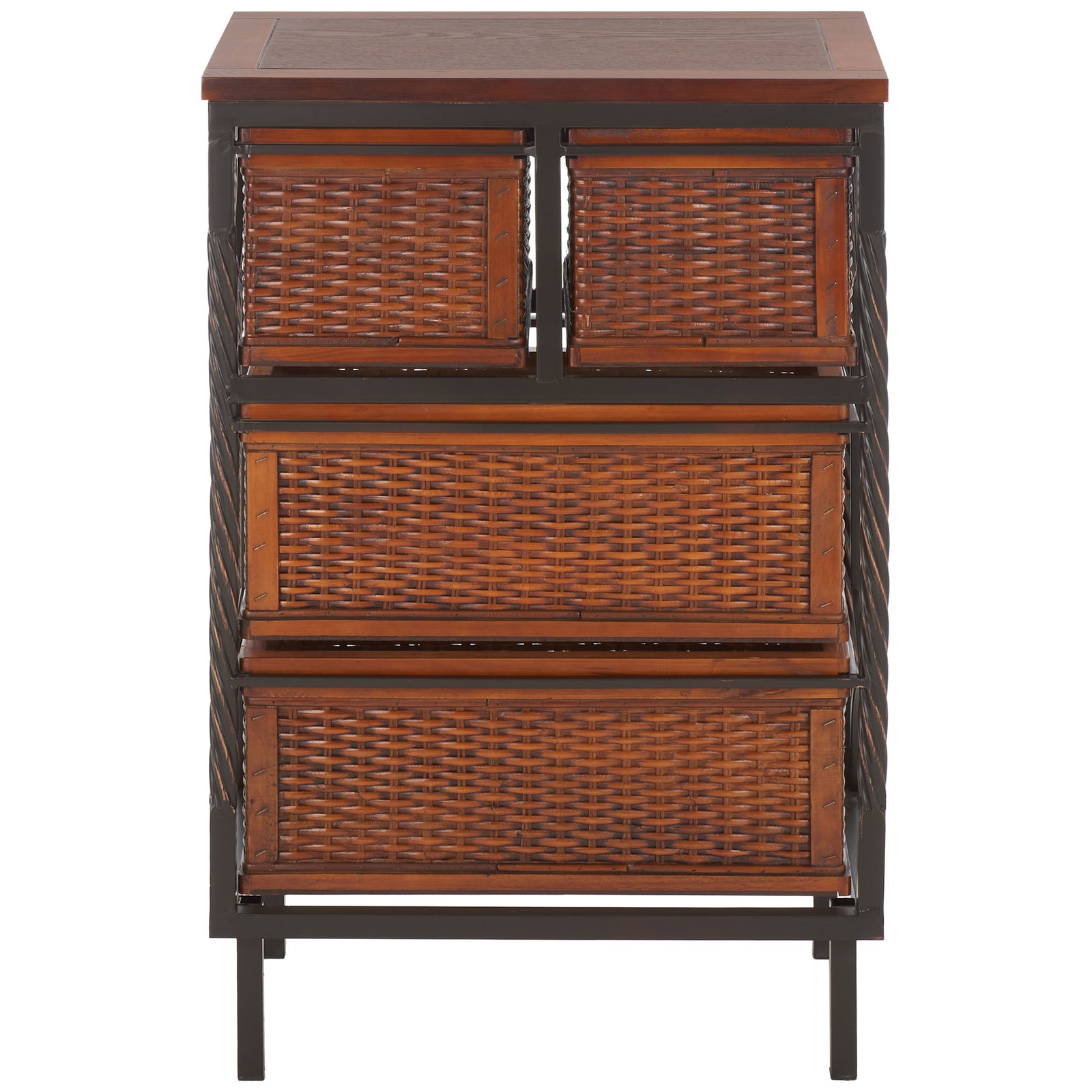 Dark teak-finished pine frames four woven rattan baskets above slim, raised legs. || AMH6511A || back_studio