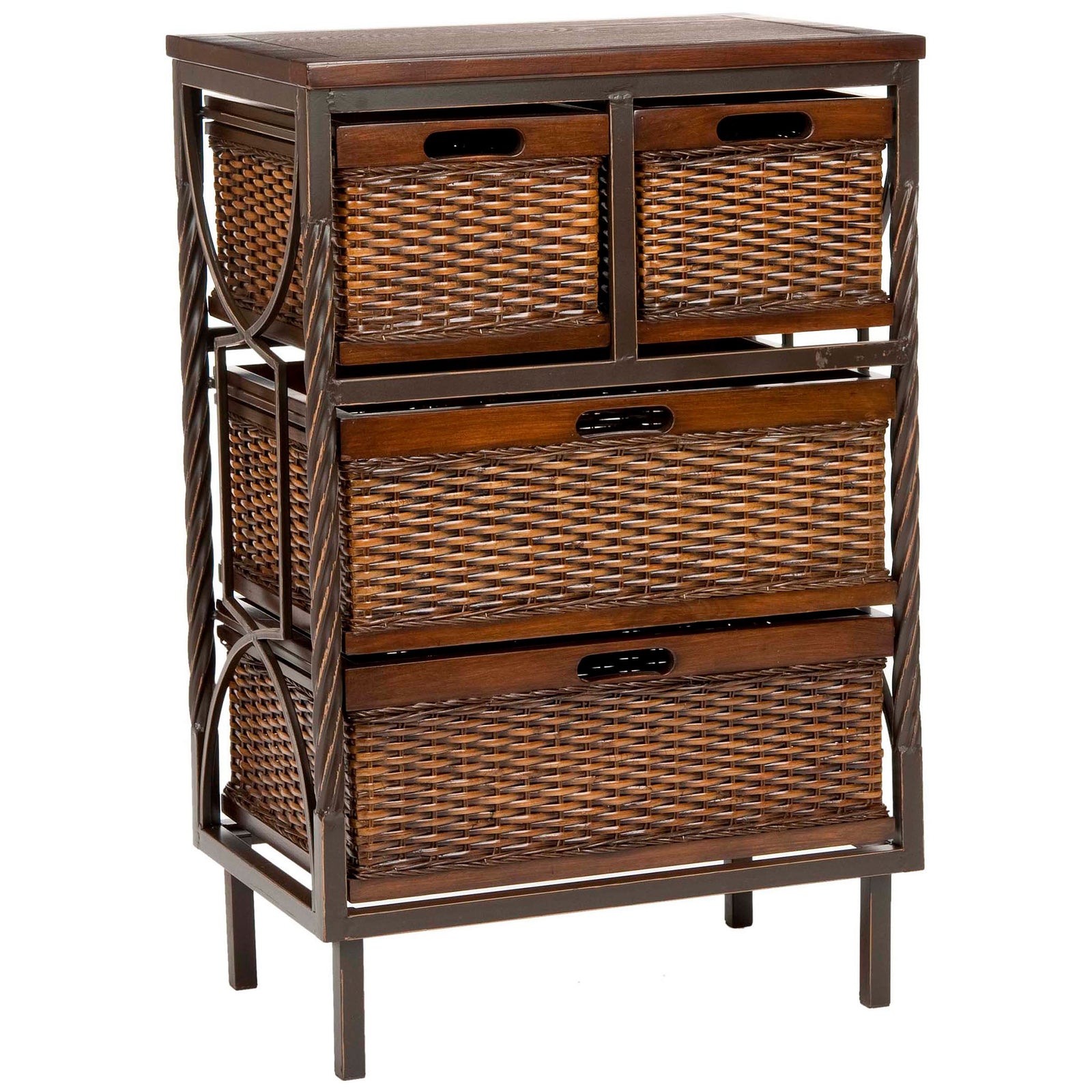 Woven rattan baskets and decorative open sides bring breezy character to compact storage. || AMH6511A || front_angle_studio