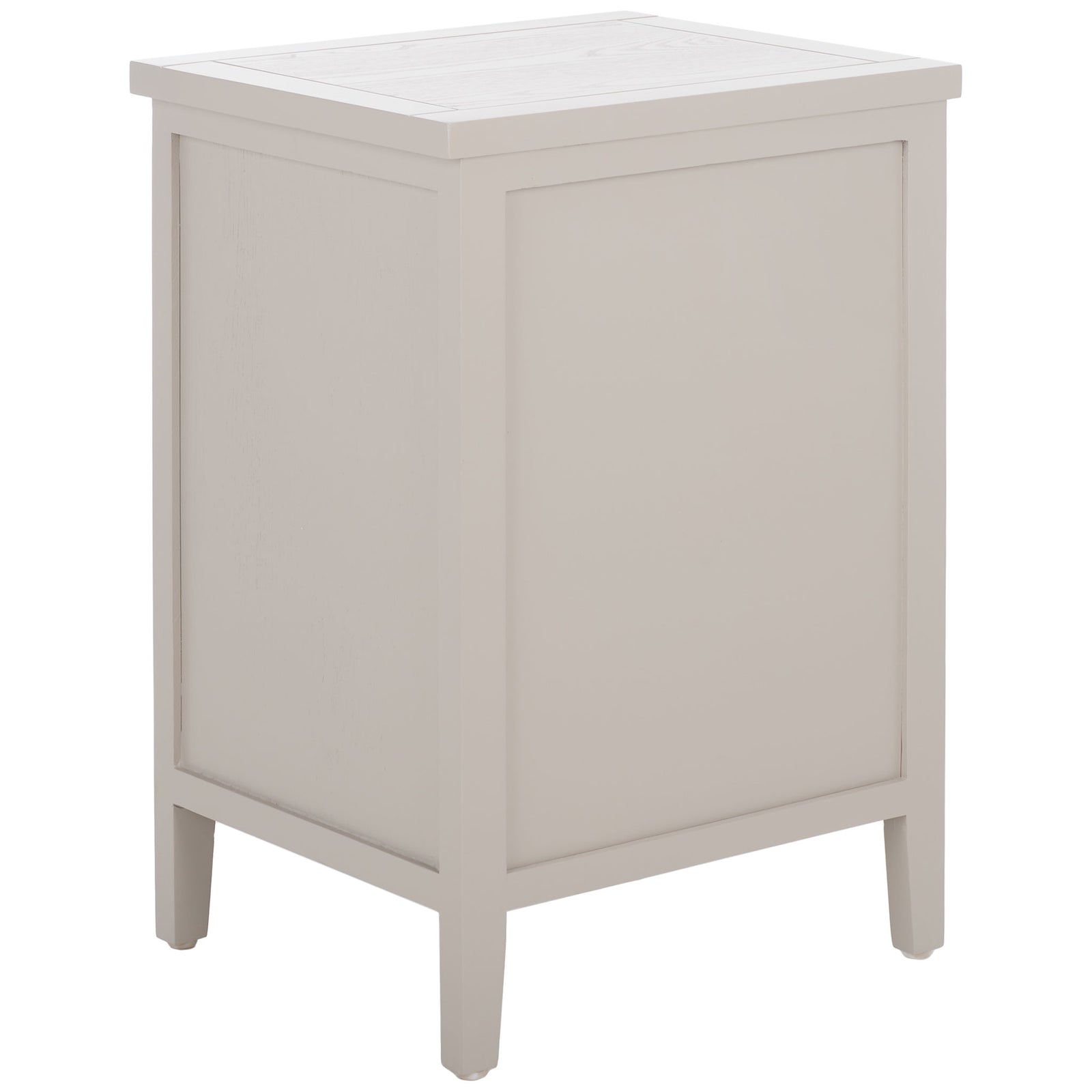 Pale gray wood frames recessed panels beneath a broad tabletop || AMH6531C || back_angle_studio