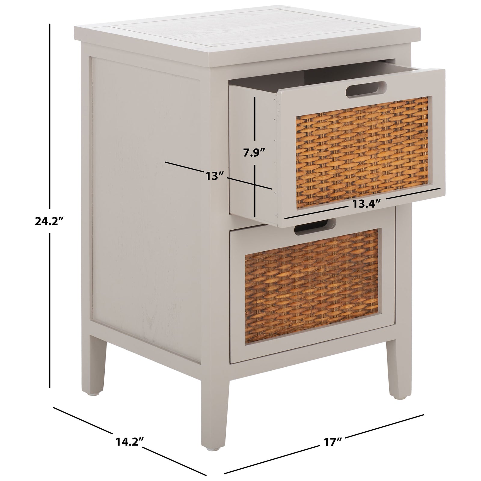 Gray end table measures 17 inches wide, 14.2 inches deep and 24.2 inches high, with two woven drawers || AMH6531C || dimension_studio
