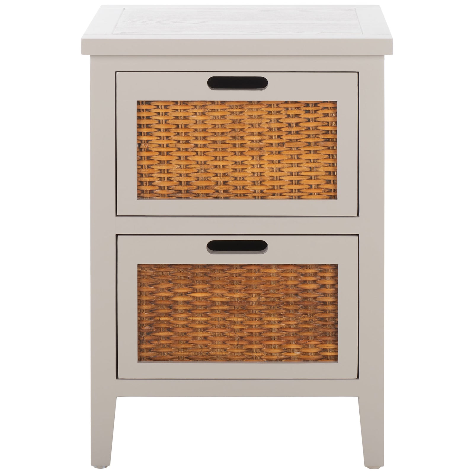 Pale gray end table combines two warm woven drawers, recessed pulls and tapered legs || AMH6531C || front_studio