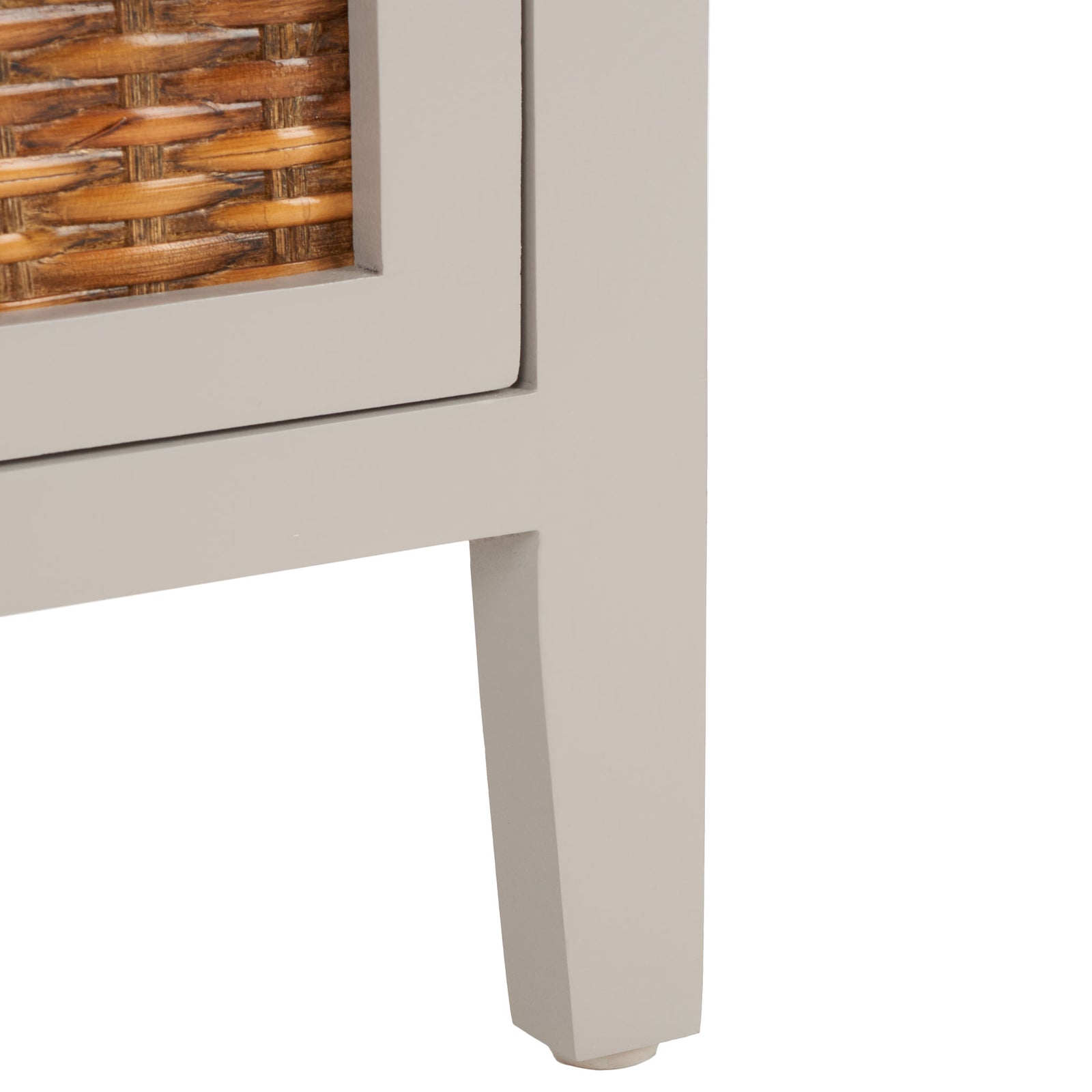 A tapered gray wood leg supports the woven-front drawer and clean lower apron || AMH6531C || leg_studio
