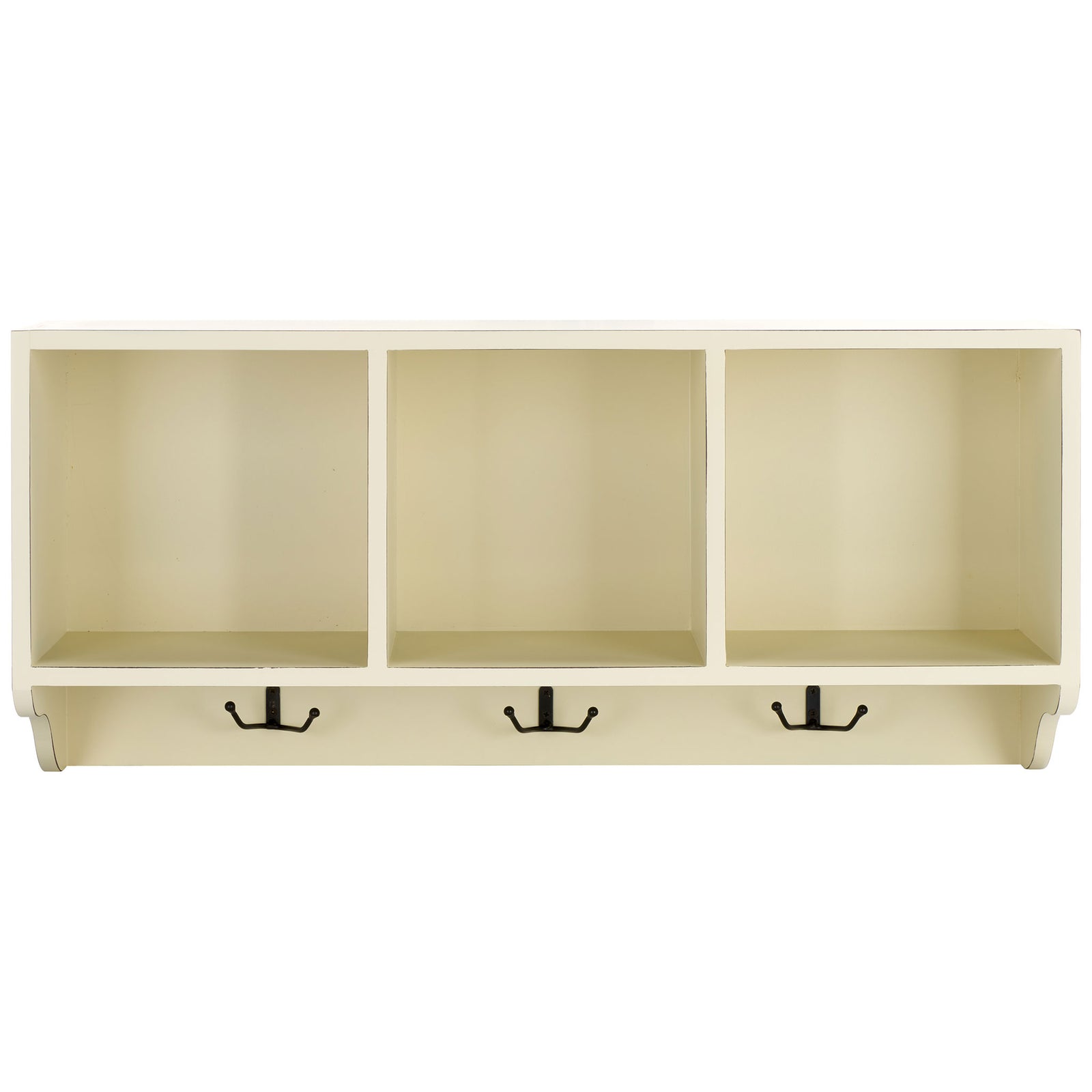 White wall shelf organizes everyday items in three open cubbies above black coat hooks || AMH6566A || front_studio