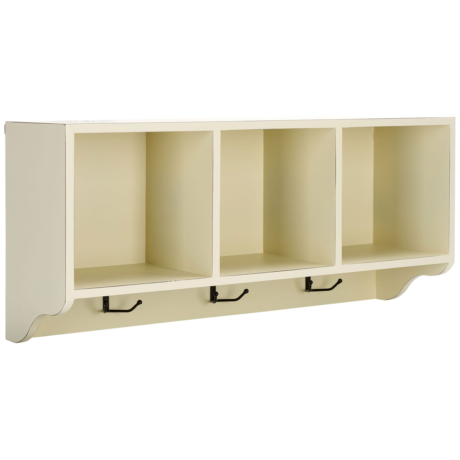 Curved white ends soften the clean lines of three storage cubbies and a row of black hooks || AMH6566A || front_angle_studio