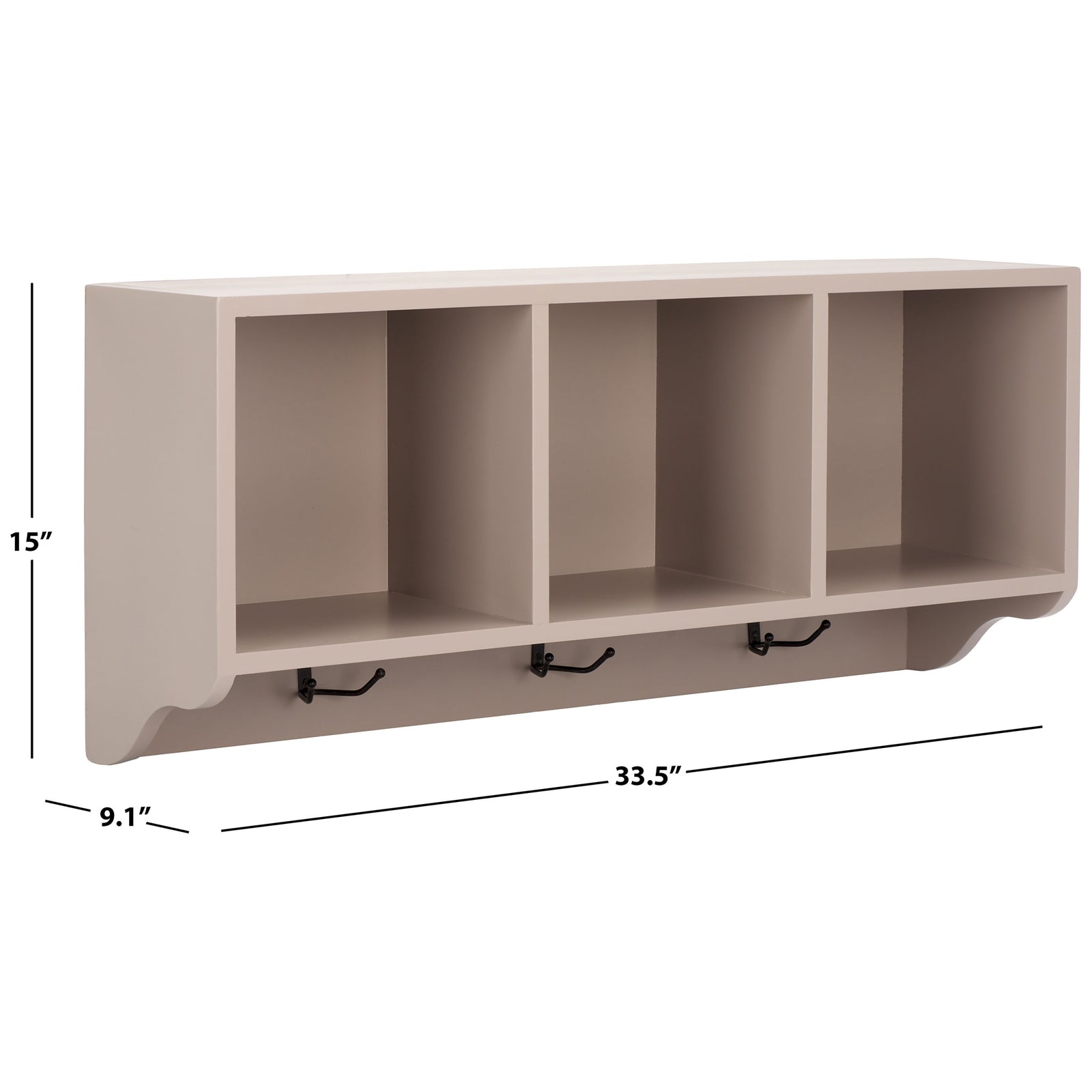 Gray wall shelf measures 33.5 inches wide, 9.1 inches deep, and 15 inches high || AMH6566C || dimension_studio