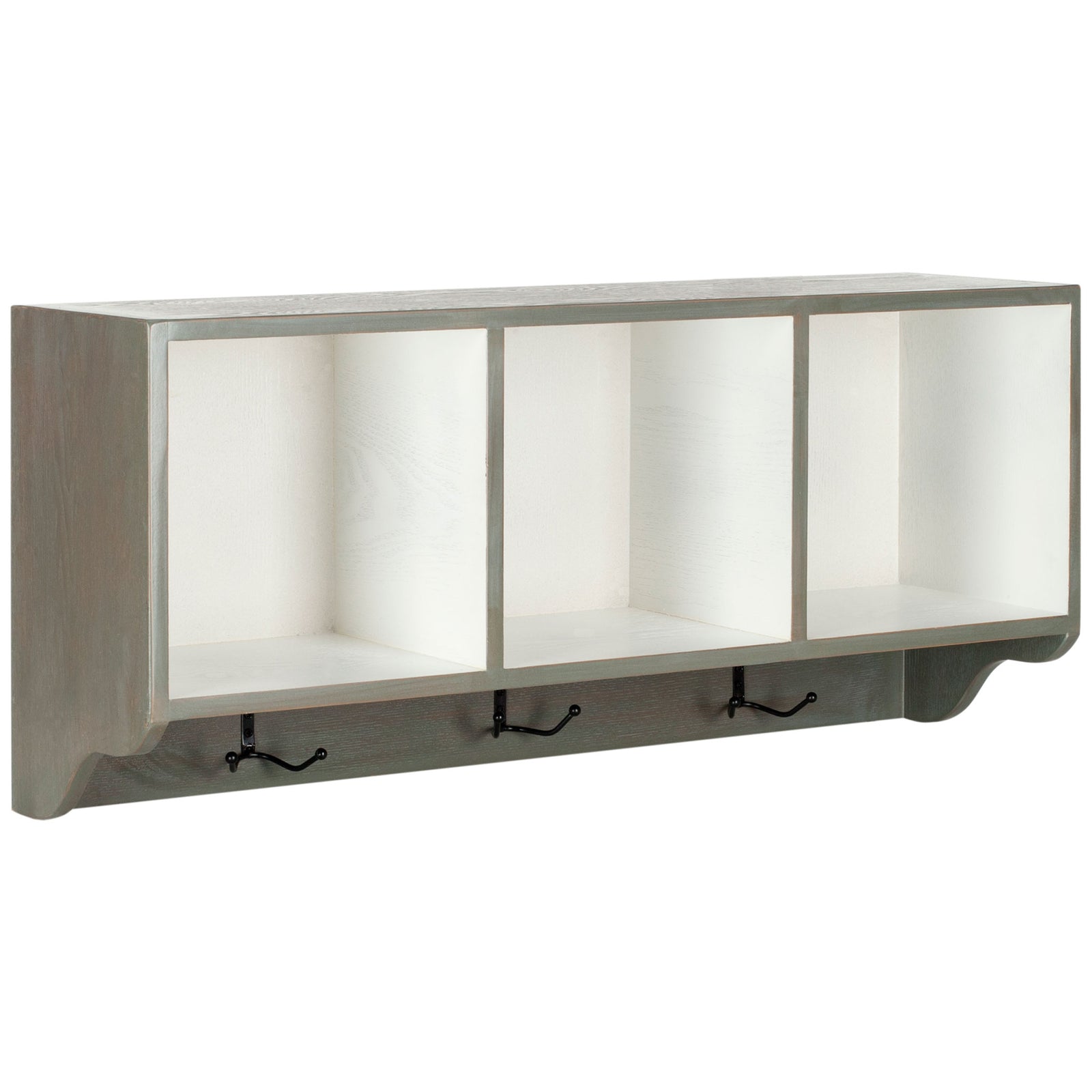 White cubbies contrast with a curved ash gray frame above three coat hooks || AMH6566M || front_angle_studio