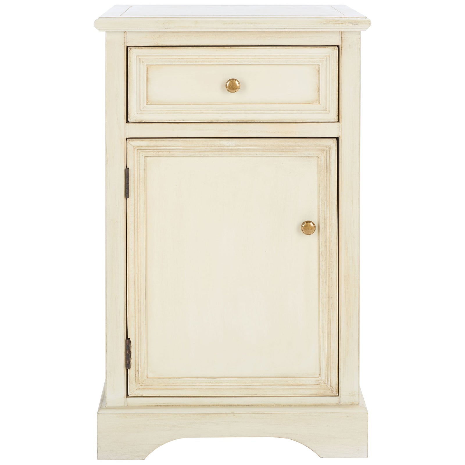 Cream nightstand with a framed drawer, paneled cabinet door, curved base, and warm metal knobs || AMH6627D || front_studio