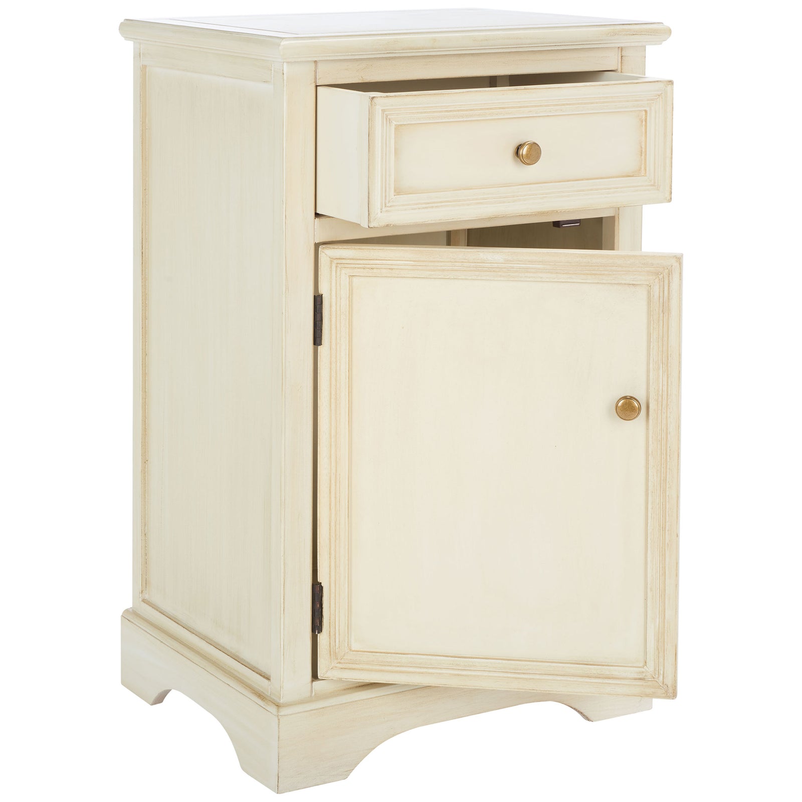 Open top drawer offers easy access above a paneled lower cabinet and curved base || AMH6627D || front_angle_open_studio