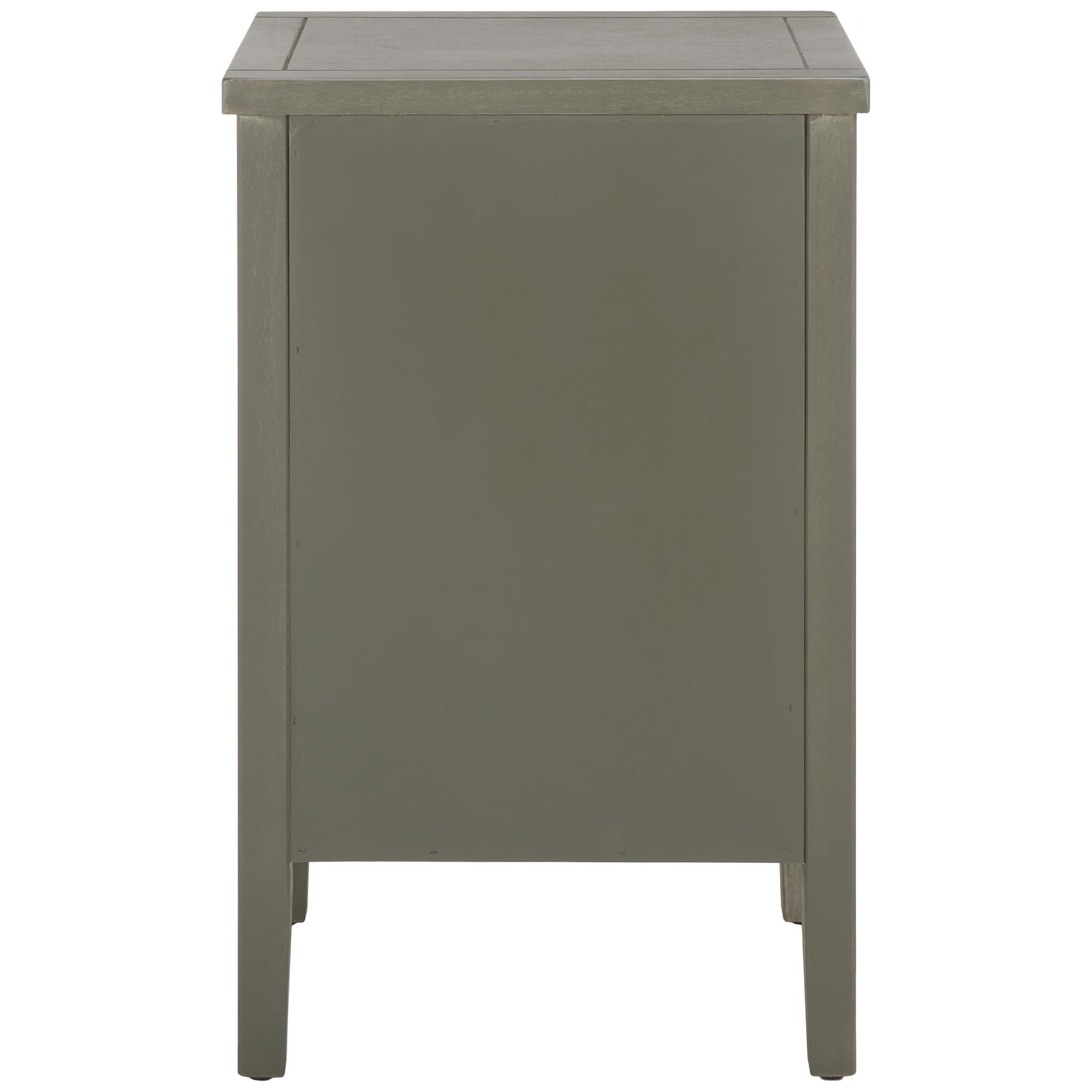 A solid paneled back and clean-lined legs finish this ash gray wood nightstand. || AMH6628A || back_studio