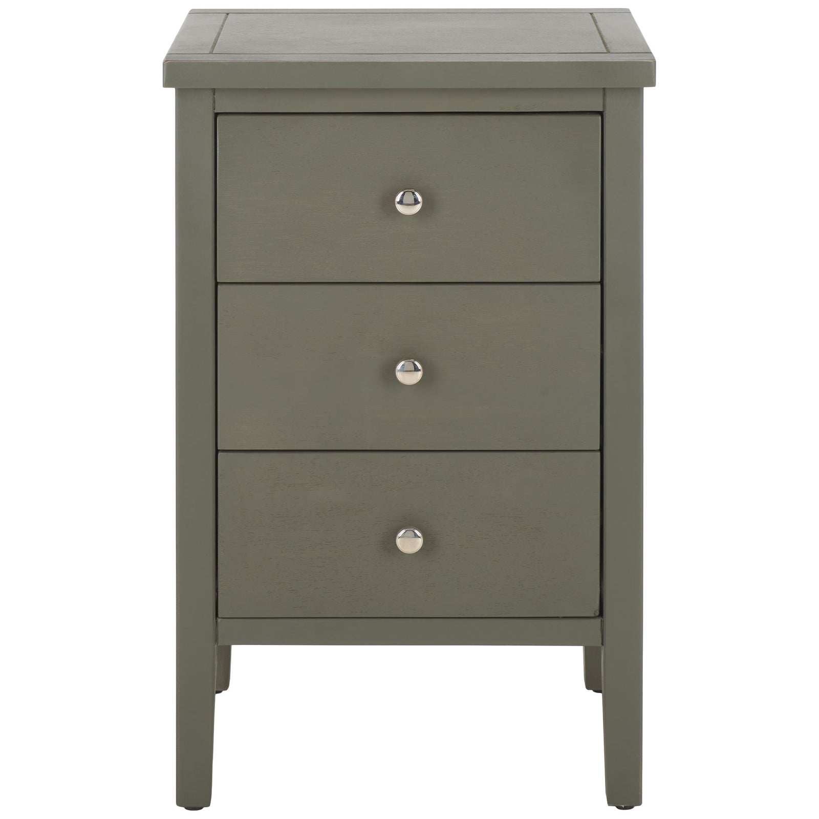 Ash gray wood nightstand with three stacked drawers, silver knobs, and slim tapered legs. || AMH6628A || front_studio