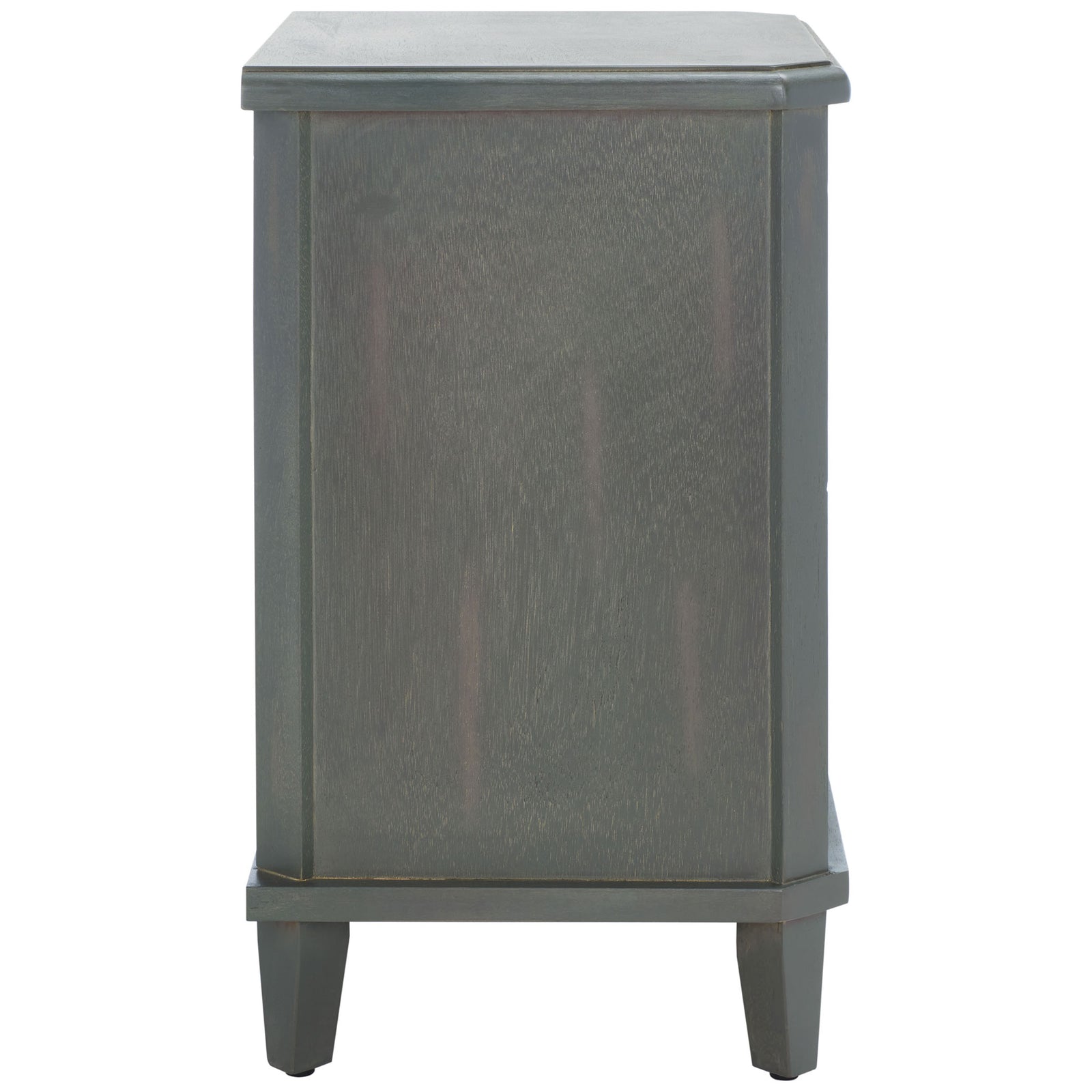 A recessed wood panel and slim tapered feet keep the ash gray nightstand looking tailored. || AMH6629A || side_studio