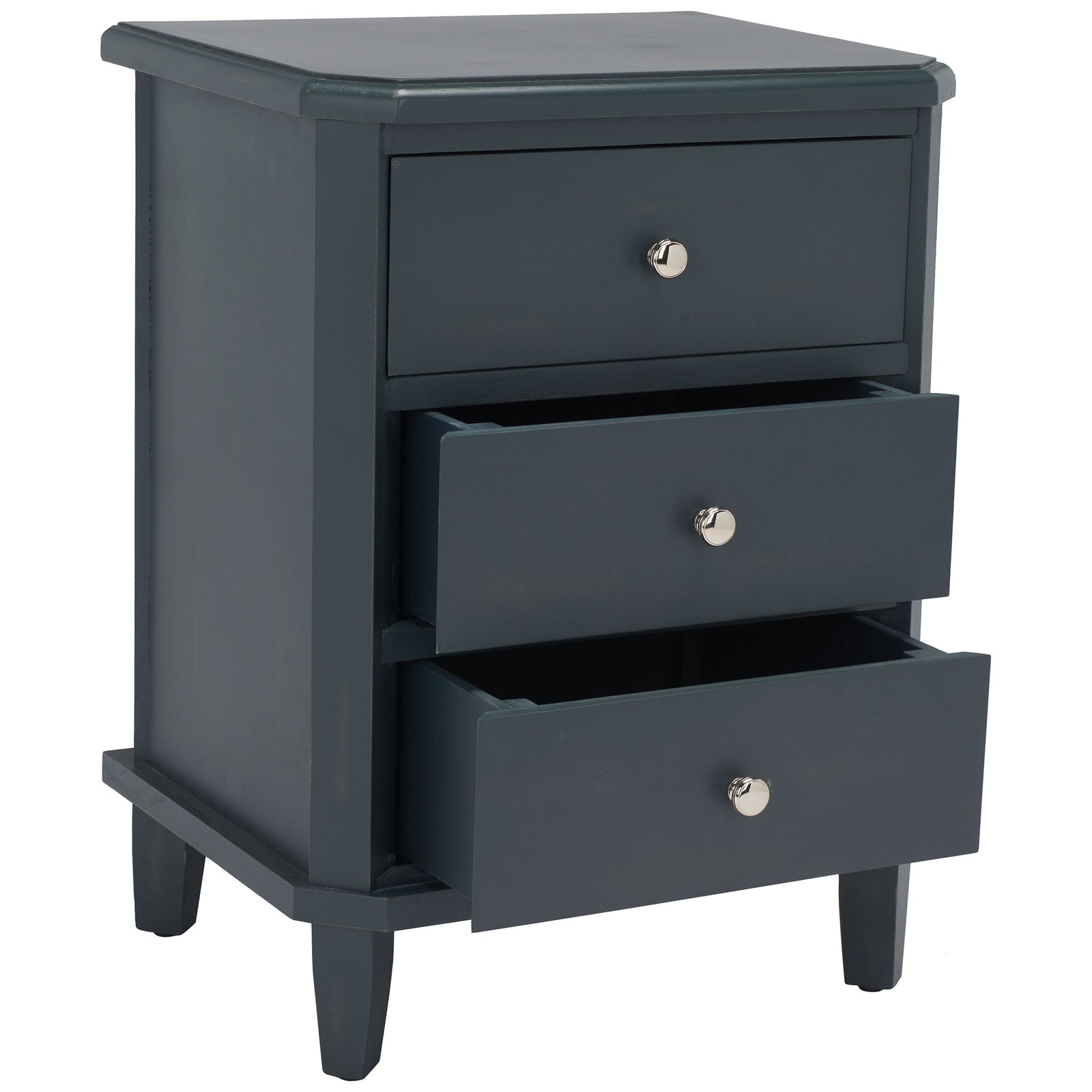 Two open drawers display everyday storage in the dark teal wood nightstand. || AMH6629B || front_angle_open_studio