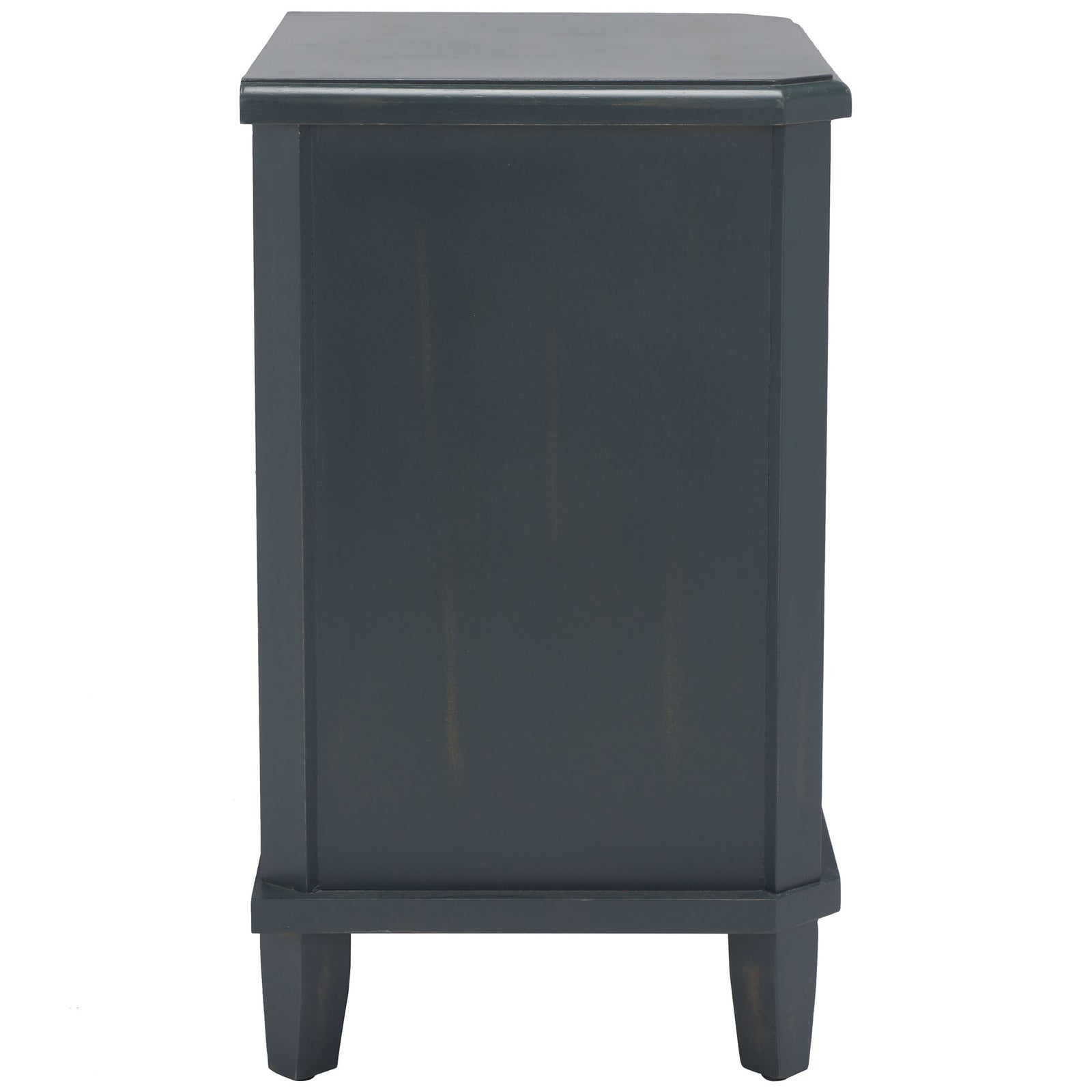 A recessed panel and straight-edged frame highlight the rich dark teal finish. || AMH6629B || side_studio