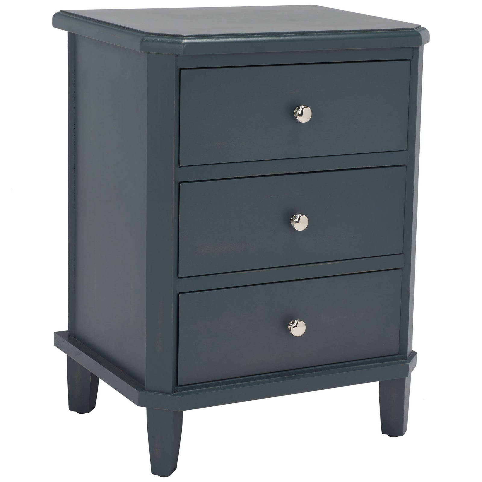 A softly beveled top and tapered feet balance the clean lines of three dark teal drawers. || AMH6629B || front_angle_studio