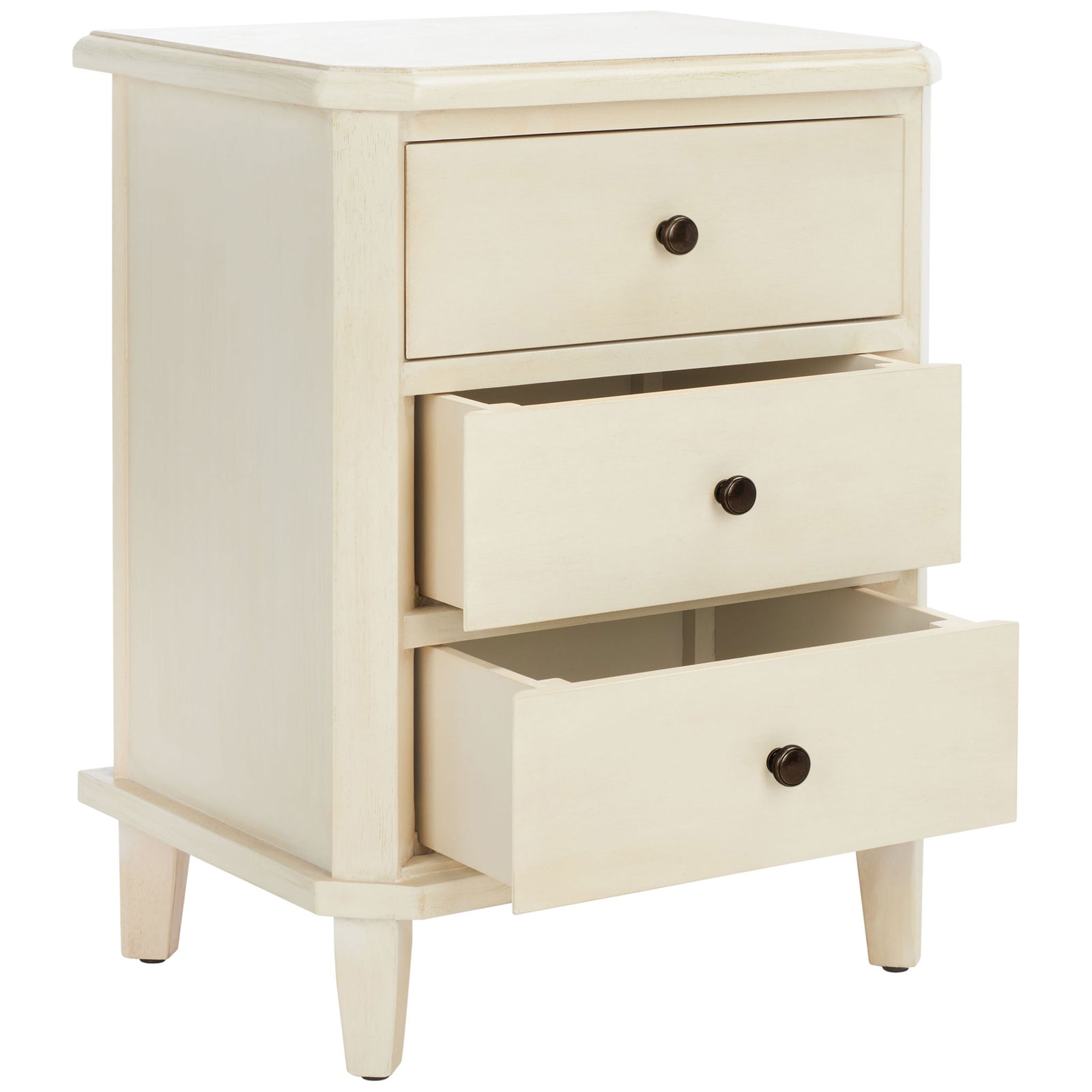 Two drawers open to reveal storage inside the pale poplar nightstand with dark bronze knobs. || AMH6629D || front_angle_open_studio