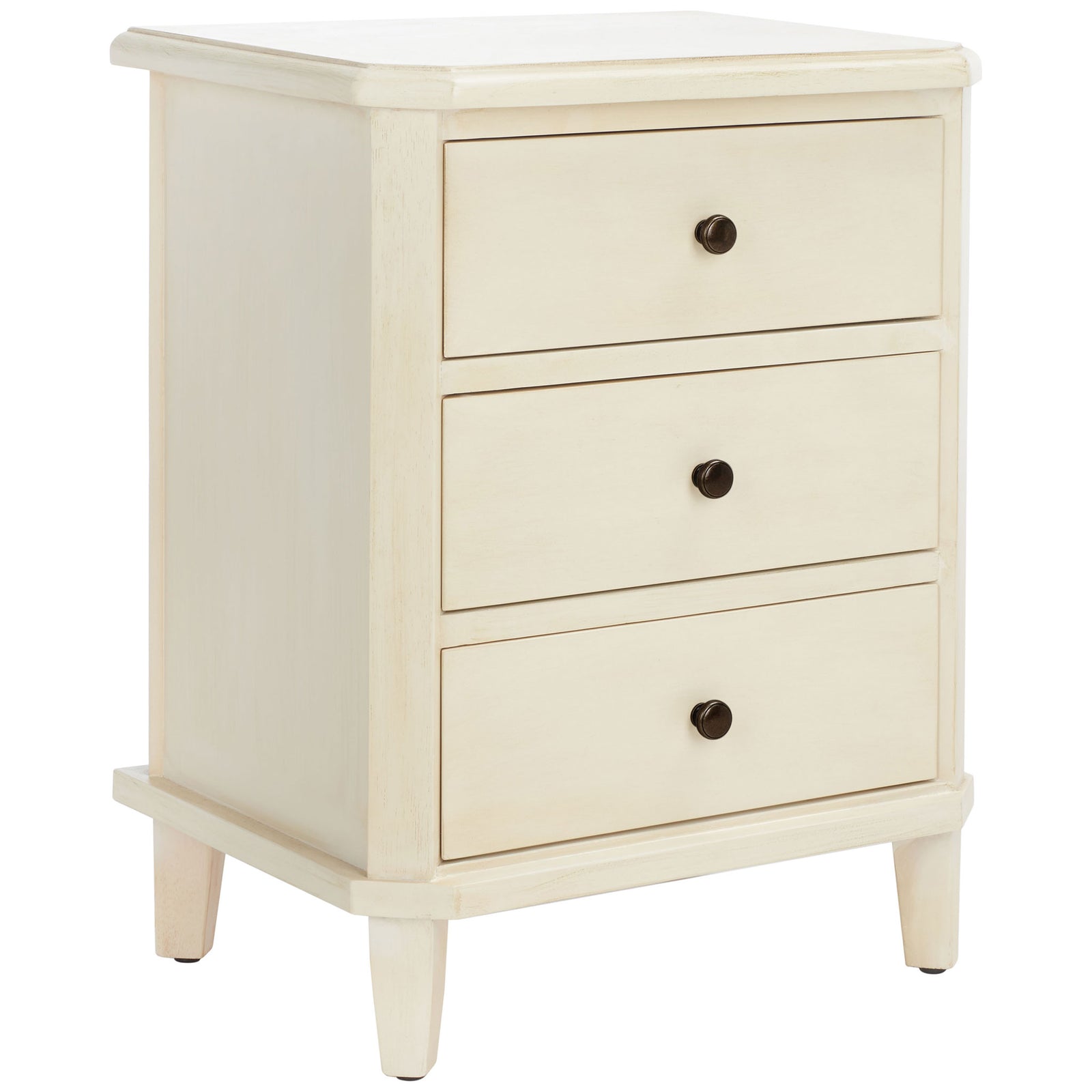 Gently beveled corners and tapered feet soften this three-drawer nightstand in creamy barley. || AMH6629D || front_angle_studio