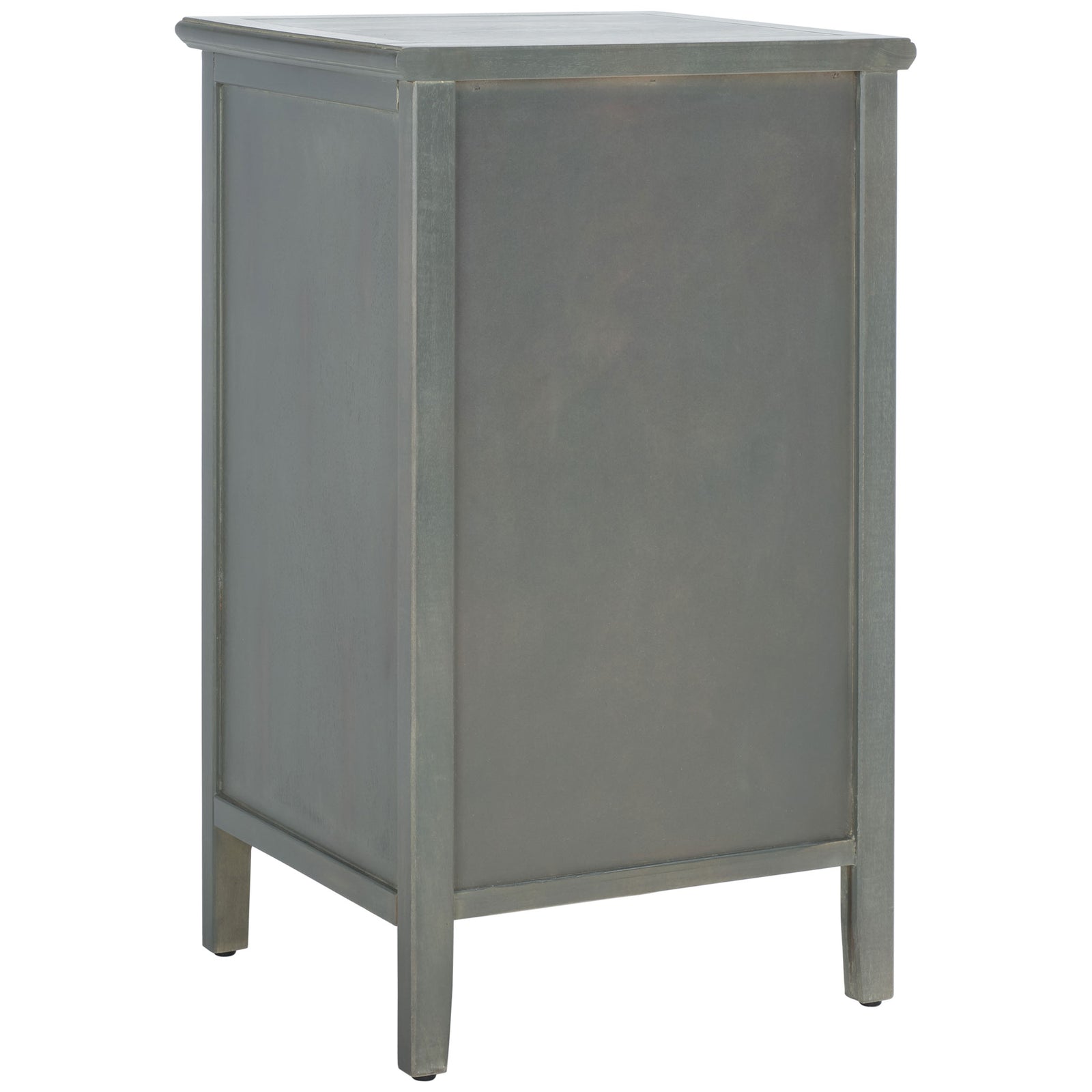 Paneled sides and a solid back lend structure to the nightstand's weathered gray frame. || AMH6630A || back_angle_studio
