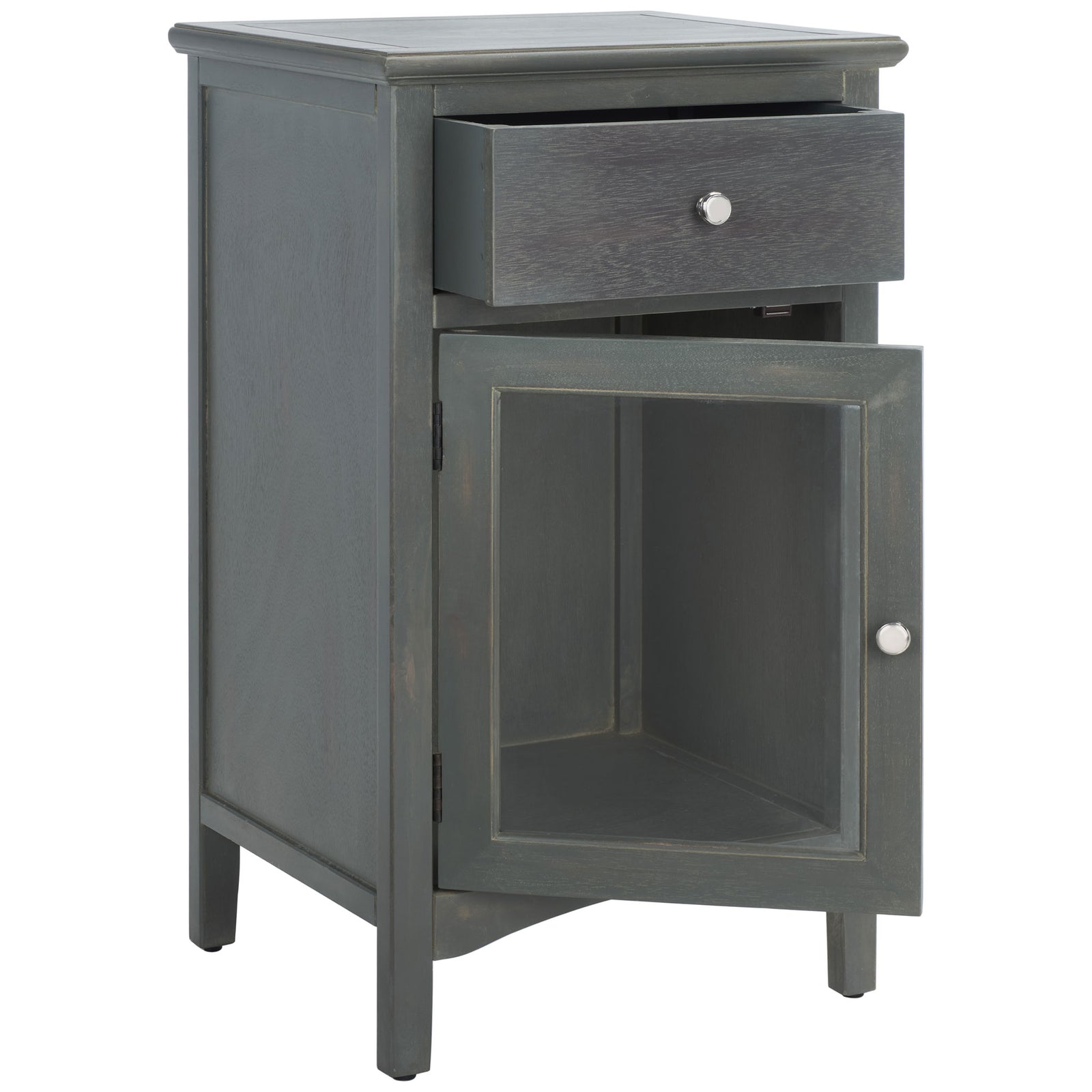 The open drawer and glass-paneled cabinet door reveal two handy storage areas. || AMH6630A || front_angle_open_studio