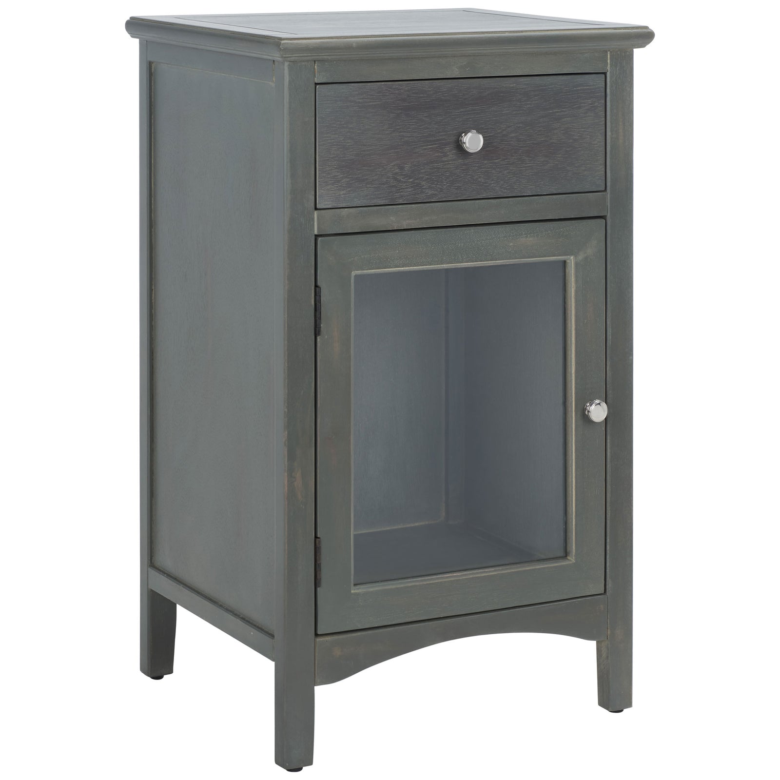 Paneled sides, bright round knobs and a glass-front cabinet refine this gray elm nightstand. || AMH6630A || front_angle_studio