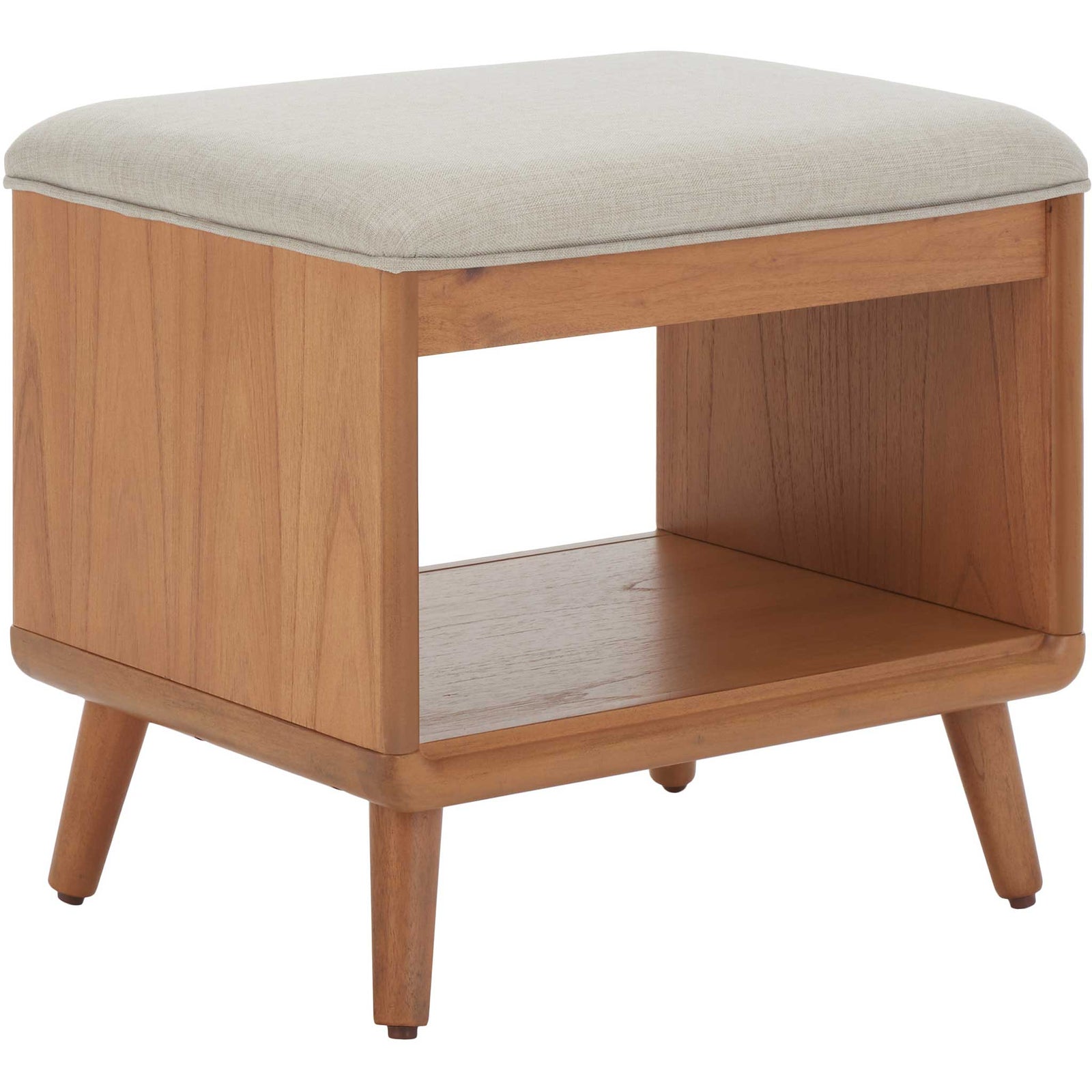 Streamlined bench shows smooth wood grain and soft cream seat over an open cubby shelf || BCH5001B || side_studio