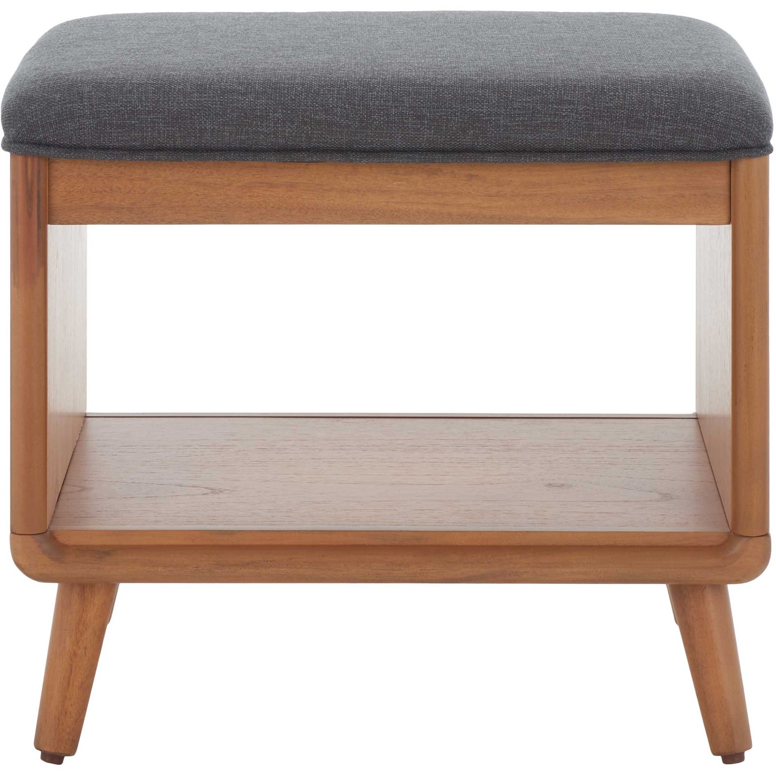 Small entryway bench with dark gray cushioned seat and open shelf in warm natural wood. || BCH5001C || front_studio