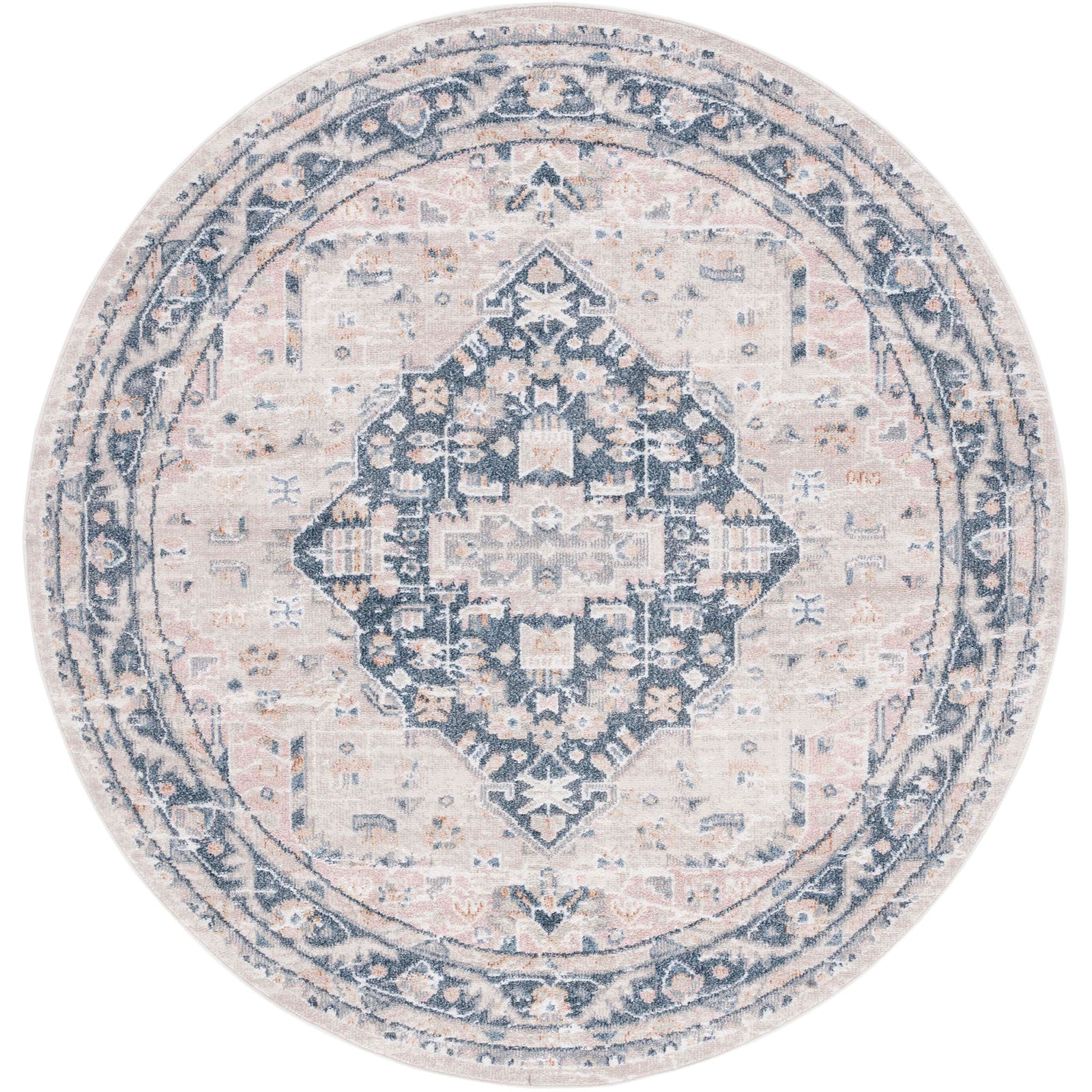 Round beige and navy medallion rug with a vintage look and low-profile pile || BLR200B-7R || top_studio