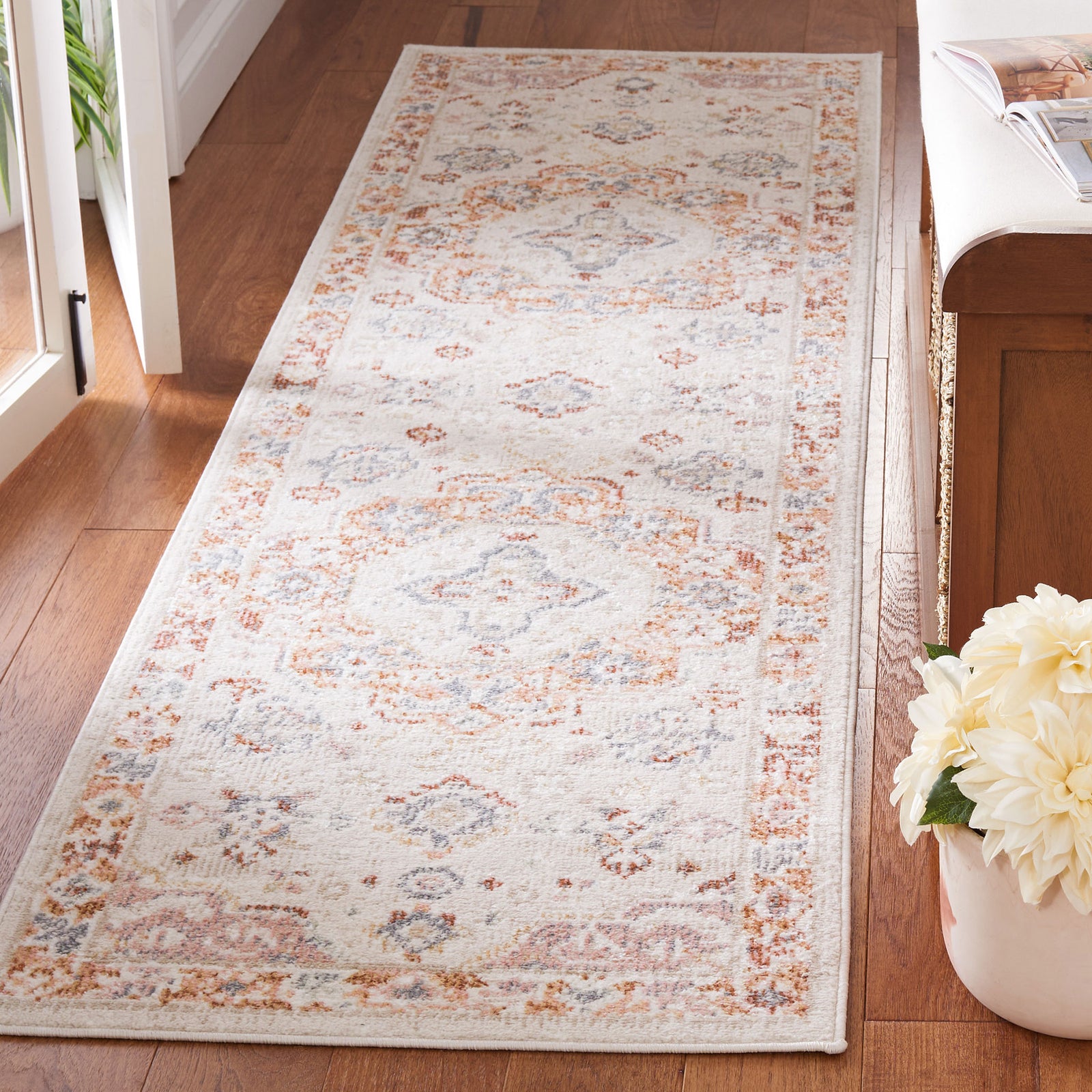 Beige and rust runner adds vintage warmth with faded medallions and an elegant border pattern || BLR202B-28 || top_room