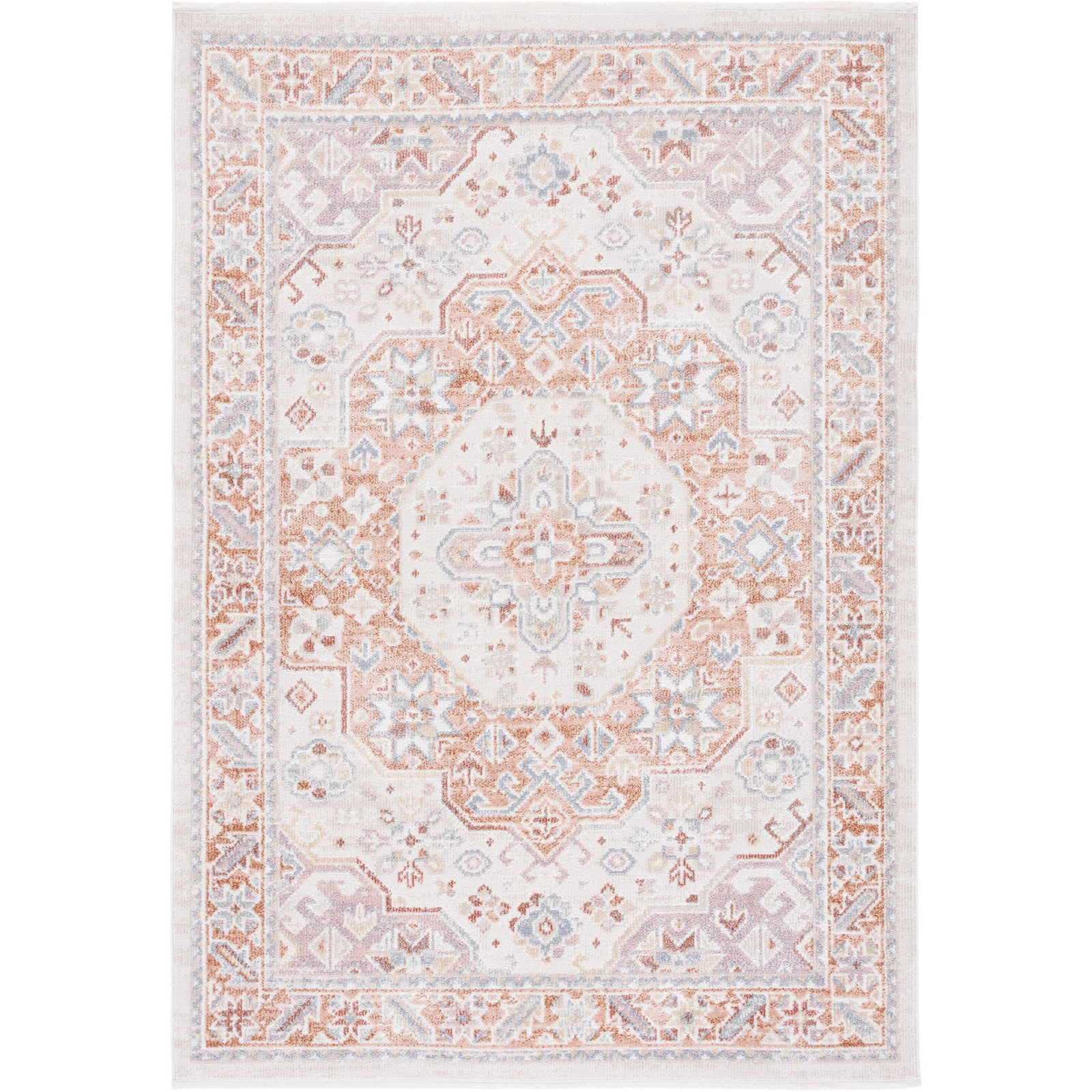 Vintage-inspired medallion area rug in beige and rust with soft blue accents and intricate border. || BLR202B-5 || top_studio