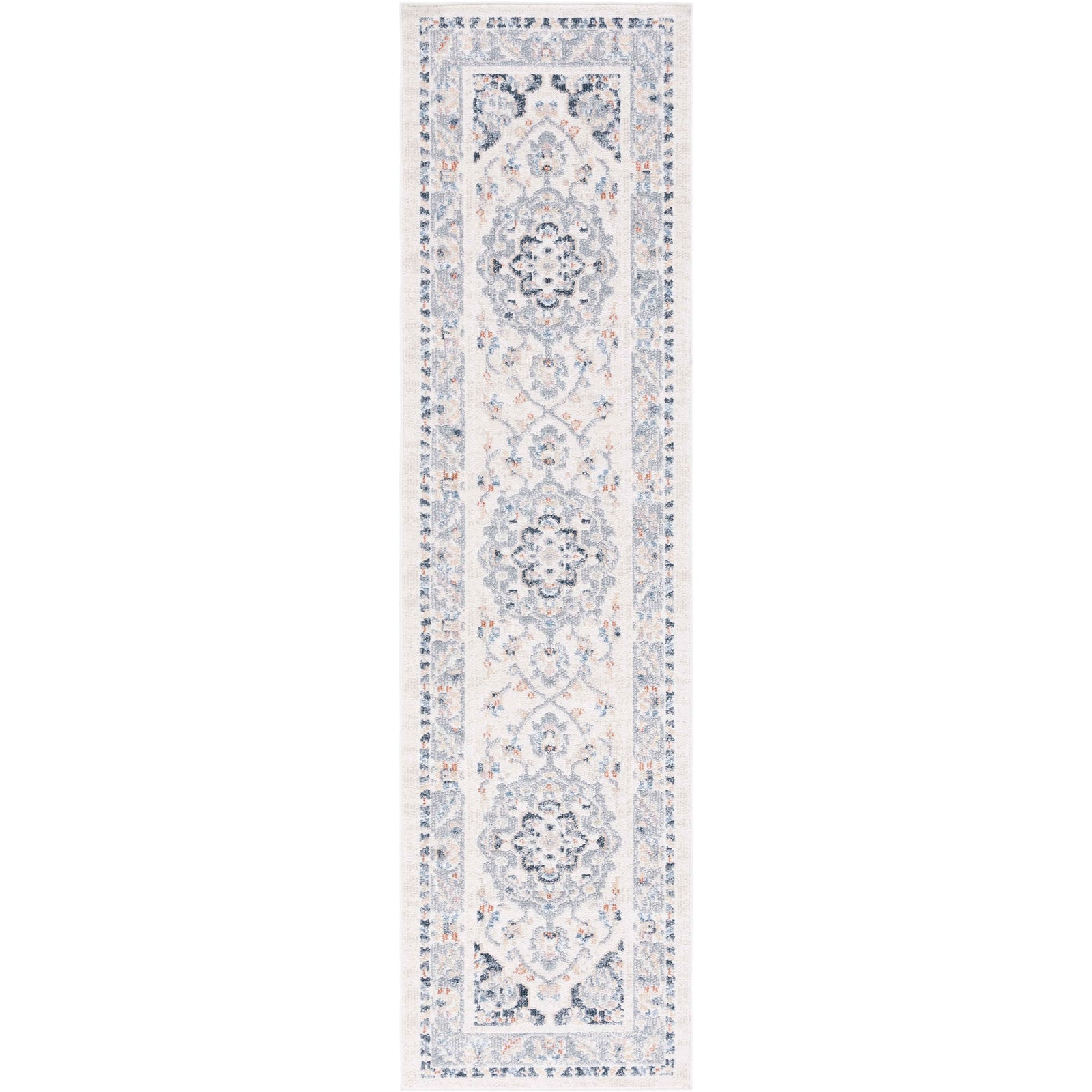 Vintage-inspired washable runner with intricate medallions in beige, gray, and navy || BLR204B-28 || top_studio