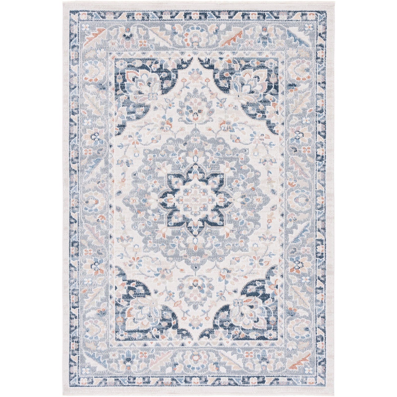 Traditional medallion area rug in beige and navy with a softly distressed look and ornate border || BLR204B-5 || top_studio