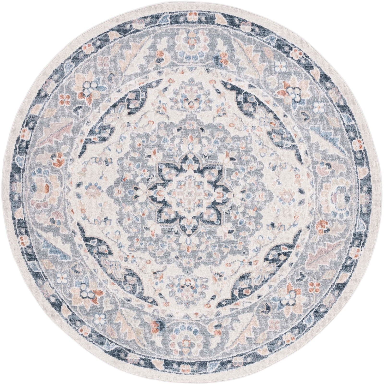 Round rug with a vintage-inspired beige and navy medallion and subtle distressing || BLR204B-7R || top_studio