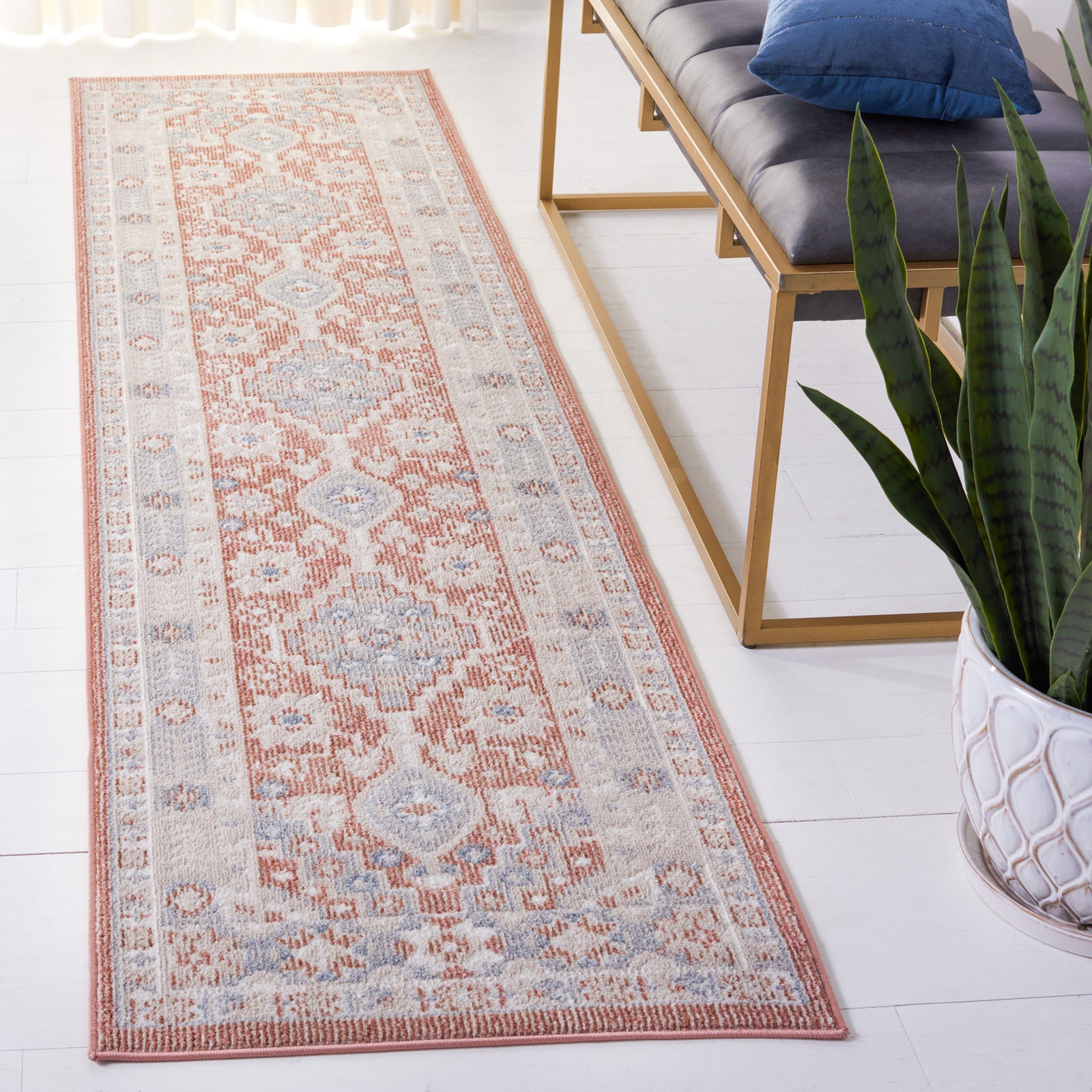 Vintage-style washable runner in rose and gray with distressed medallions and a classic border || BLR206U-28 || top_angle_room