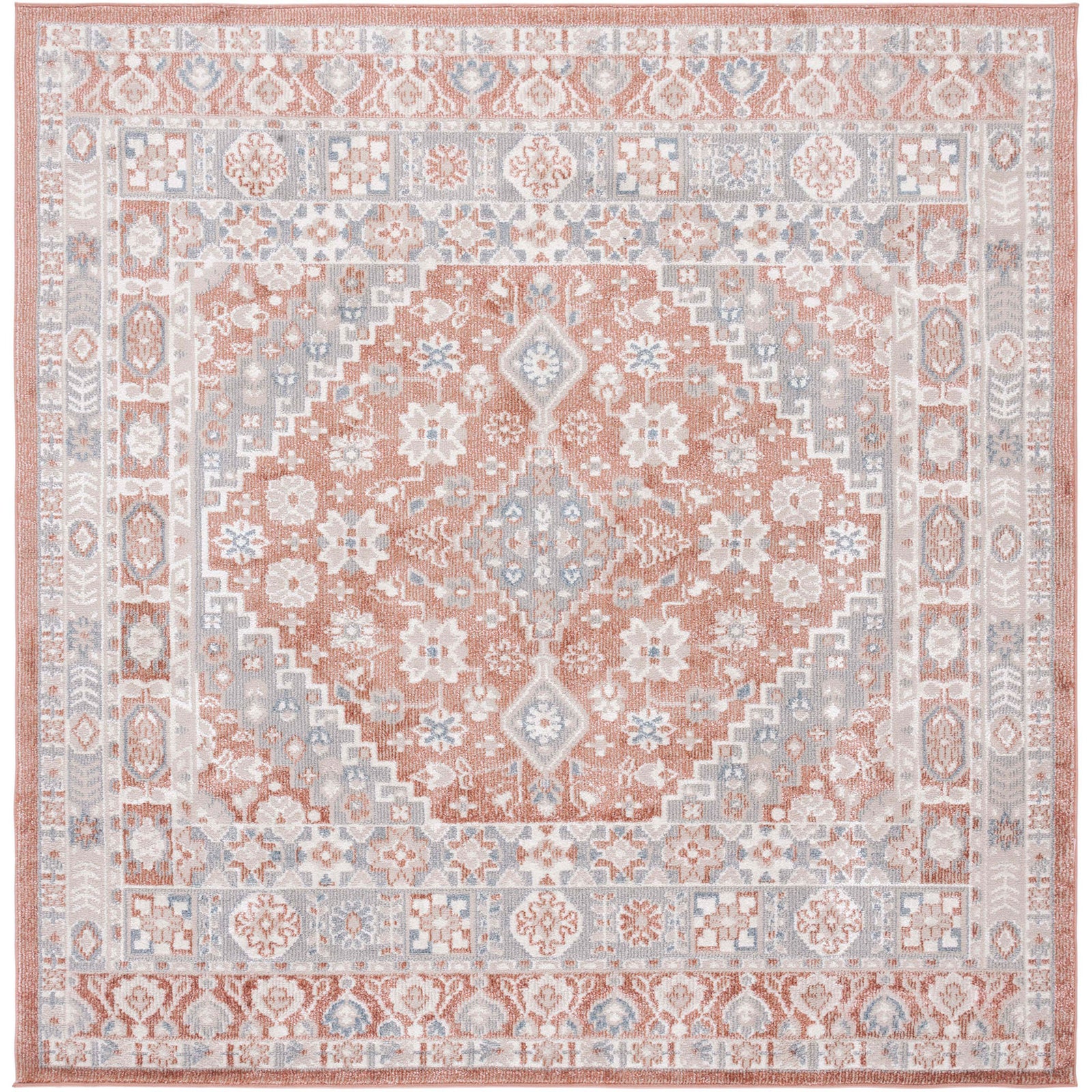 Square rug with balanced medallion design in rose and gray, machine-washable for stress-free upkeep || BLR206U-7SQ || top_studio
