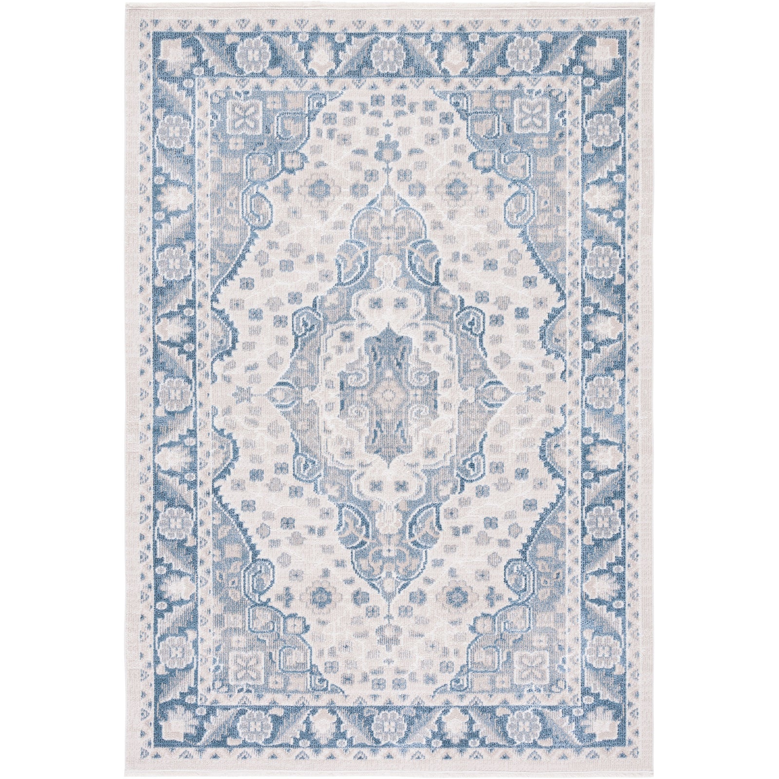 Vintage-inspired beige and blue medallion rug with a detailed border and softly distressed finish || BLR208B-5 || top_studio