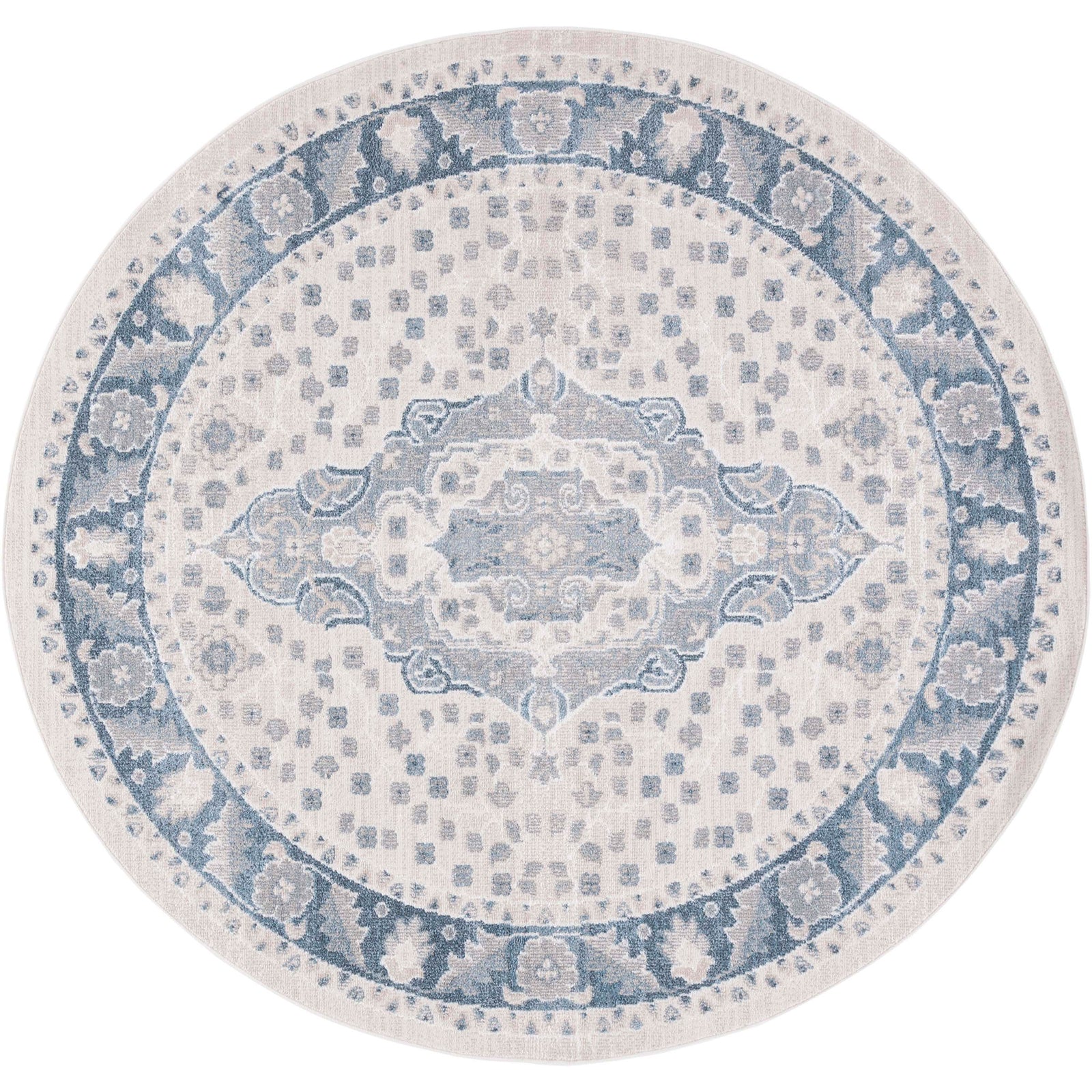 Round washable rug with a vintage medallion in beige and gray-blue, power-loomed for easy care. || BLR208B-7R || top_studio