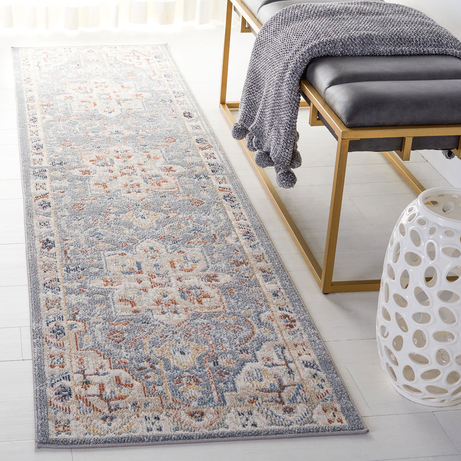 Beige and blue runner rug with an ornate vintage pattern that brightens the space with soft, inviting color. || BLR212B-28 || top_angle_room