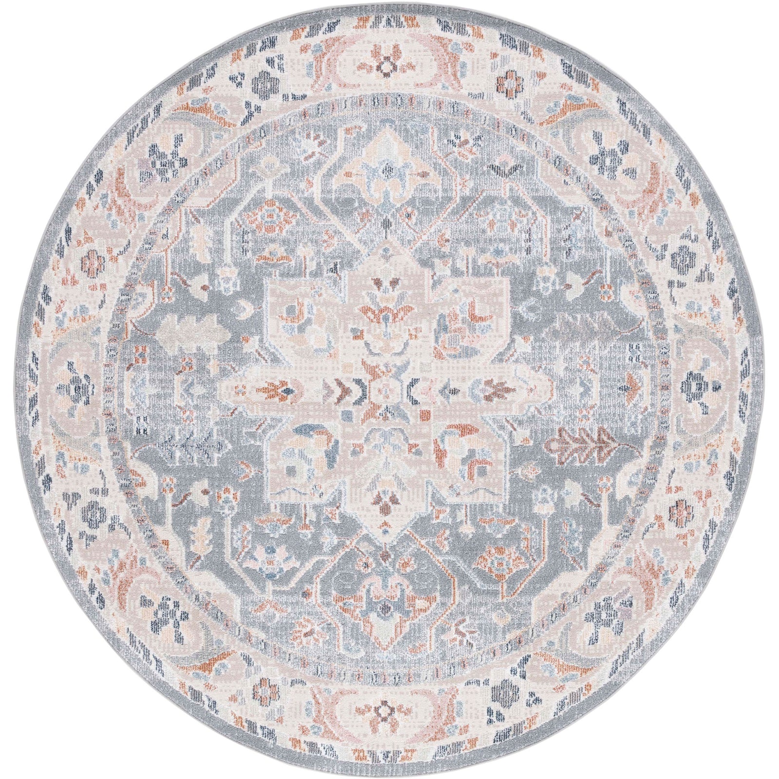 Round beige and blue rug with vintage medallion and ornamental border in a softly distressed finish. || BLR212B-7R || top_studio