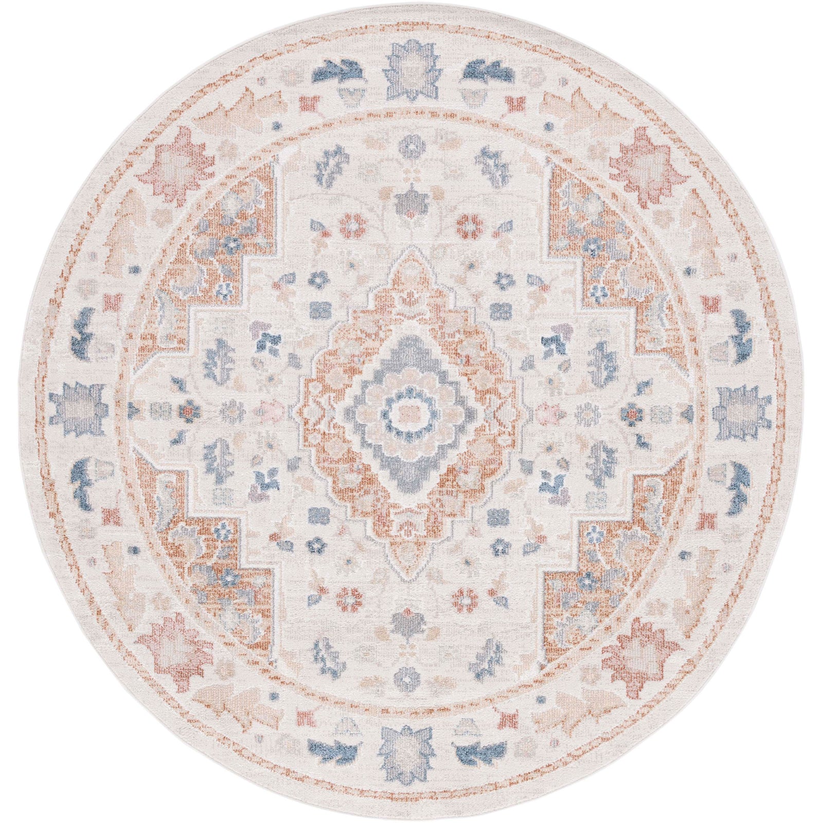 Round beige and rust rug with a vintage medallion and calming blue accents || BLR214B-7R || top_studio