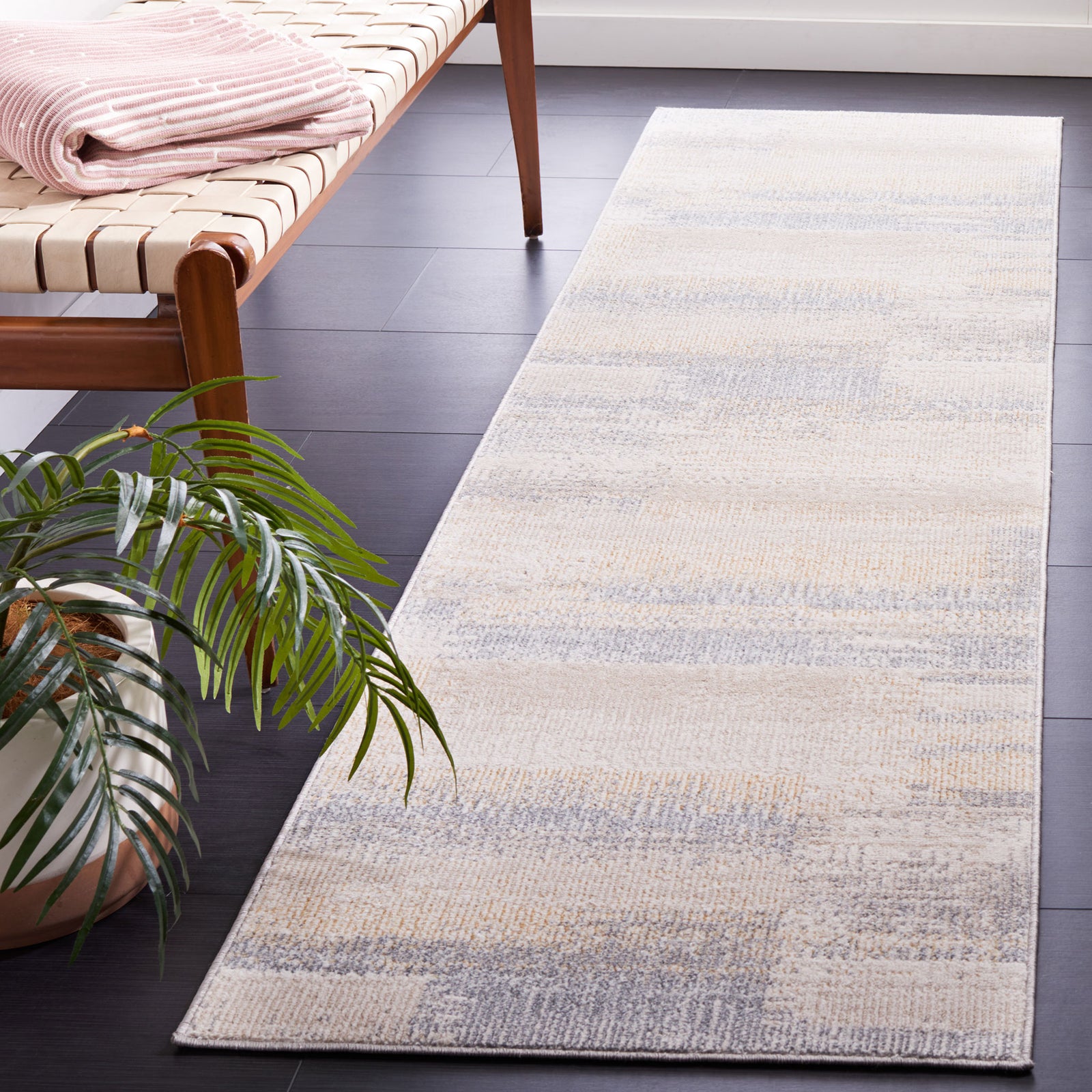 Modern gray and beige abstract runner rug adds a soft, inviting look to hallways || BLR216F-28 || front_angle_room