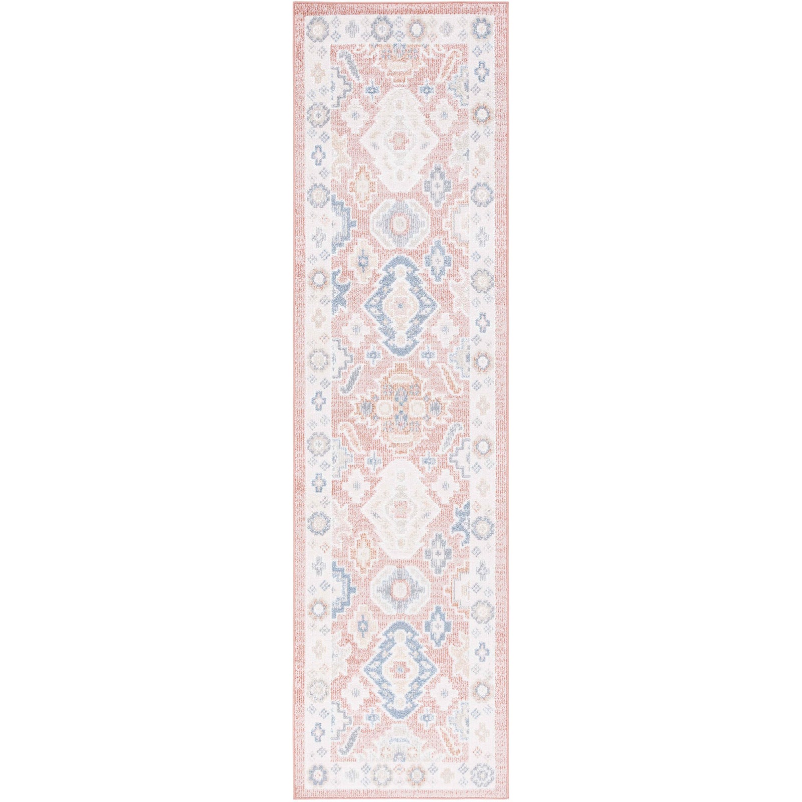 Washable rose and blue runner rug with vintage medallions and a soft, low pile || BLR218U-28 || top_studio