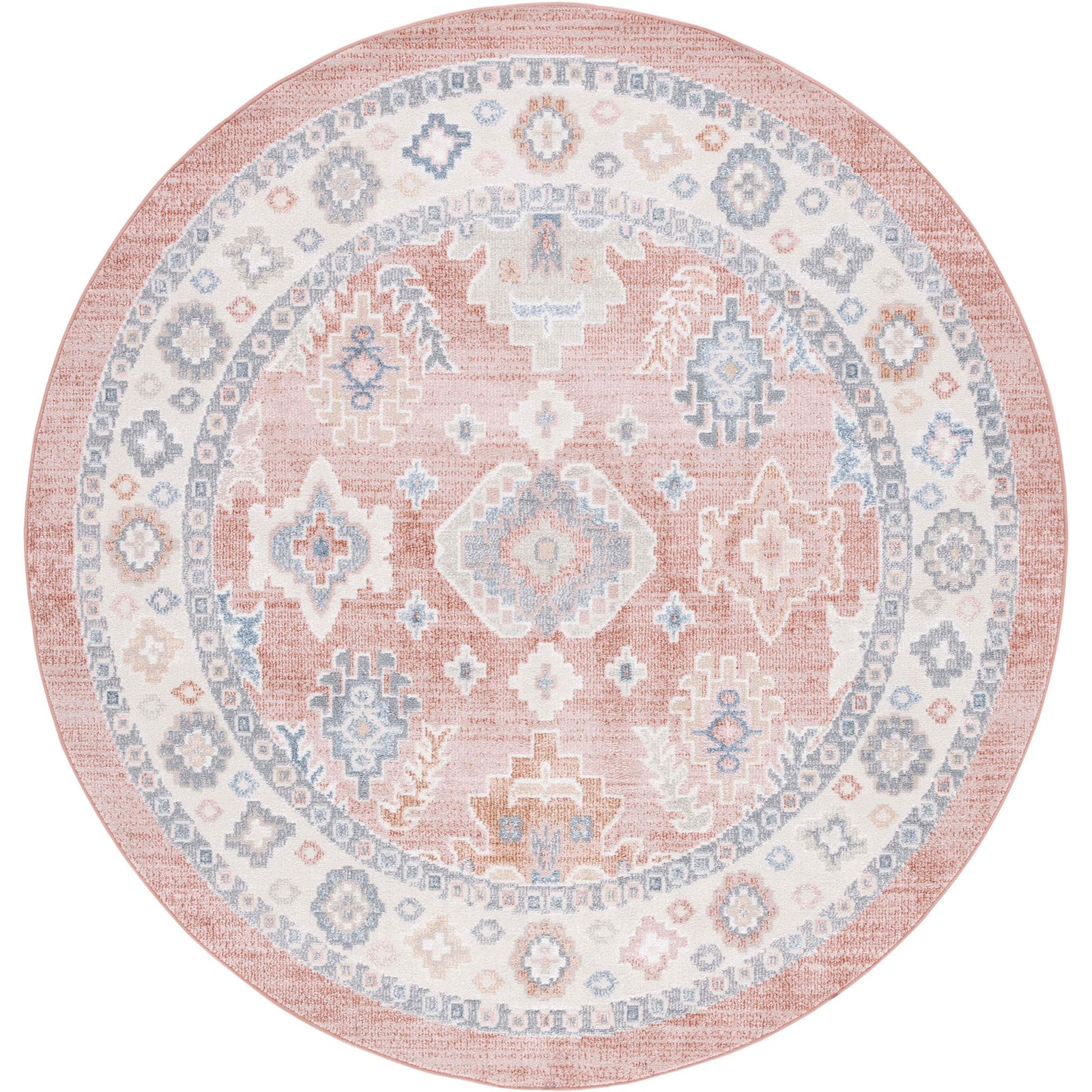 Round washable rug in rose and blue with vintage medallion motifs and cushioned low pile || BLR218U-7R || top_studio