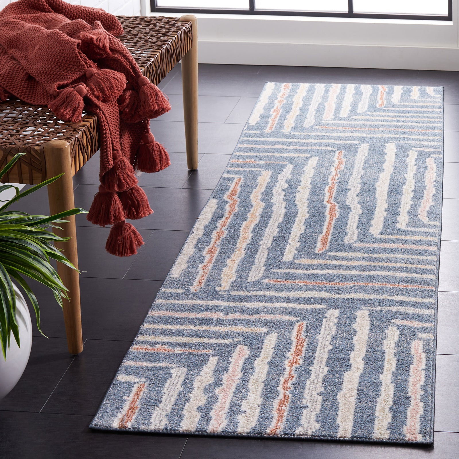 Modern blue abstract runner rug brings soft, washable style to high-traffic hallways || BLR222M-28 || front_angle_room