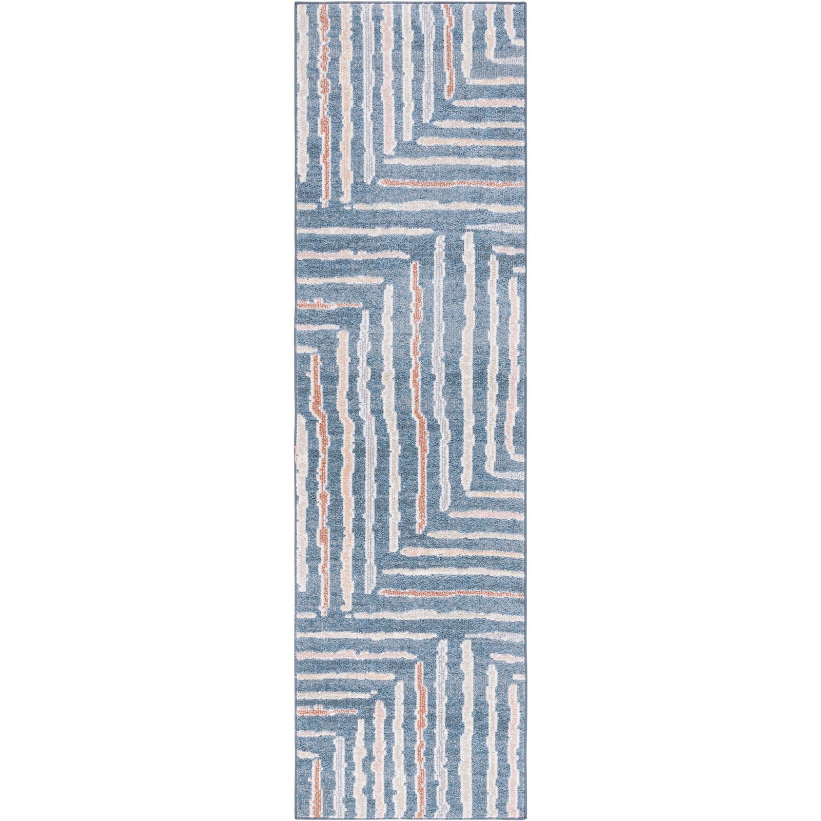 Blue and multicolor washable runner rug with modern abstract stripes and a soft, low-profile pile || BLR222M-28 || top_studio