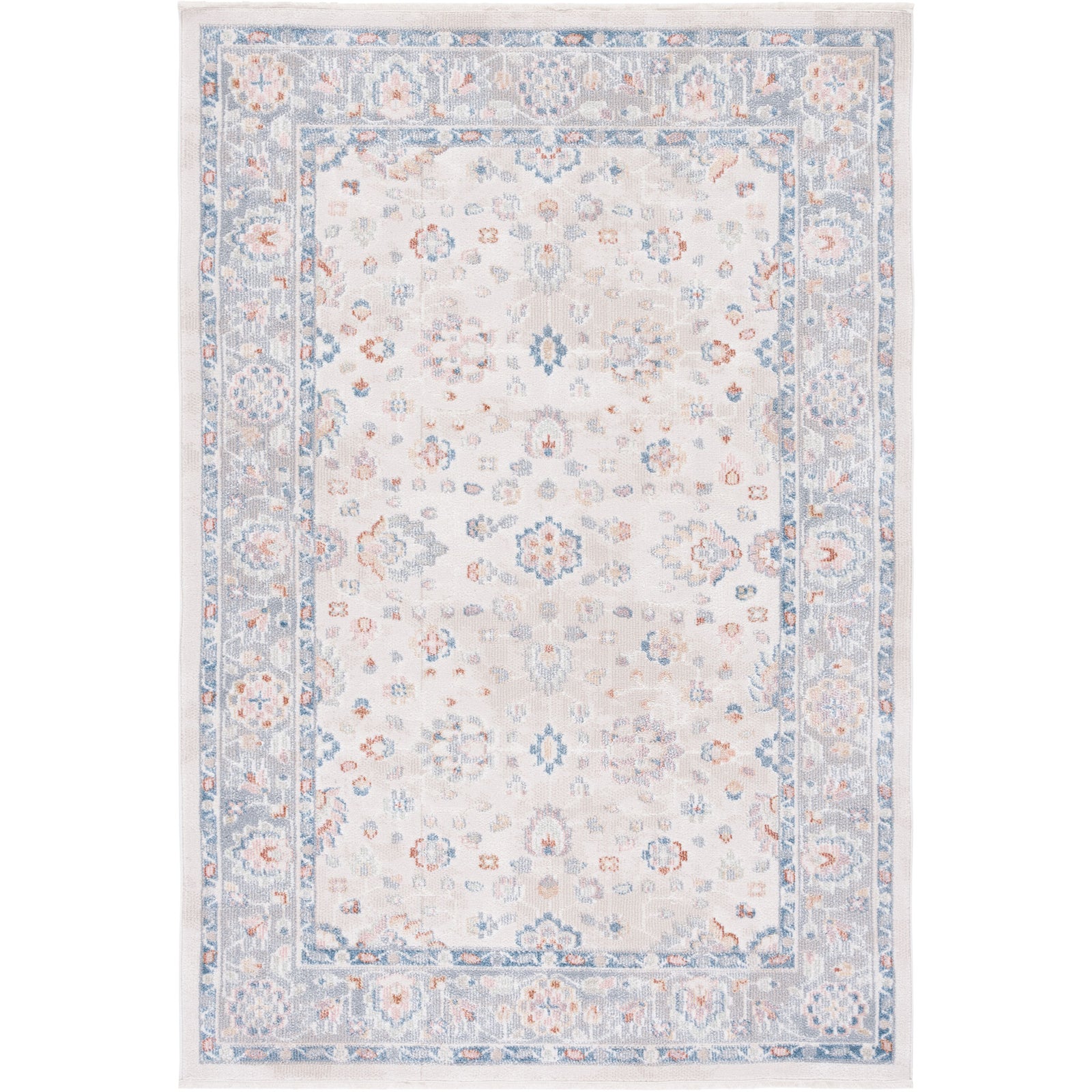 Soft beige and gray rug with blue border and gently distressed floral pattern. || BLR224B-5 || top_studio